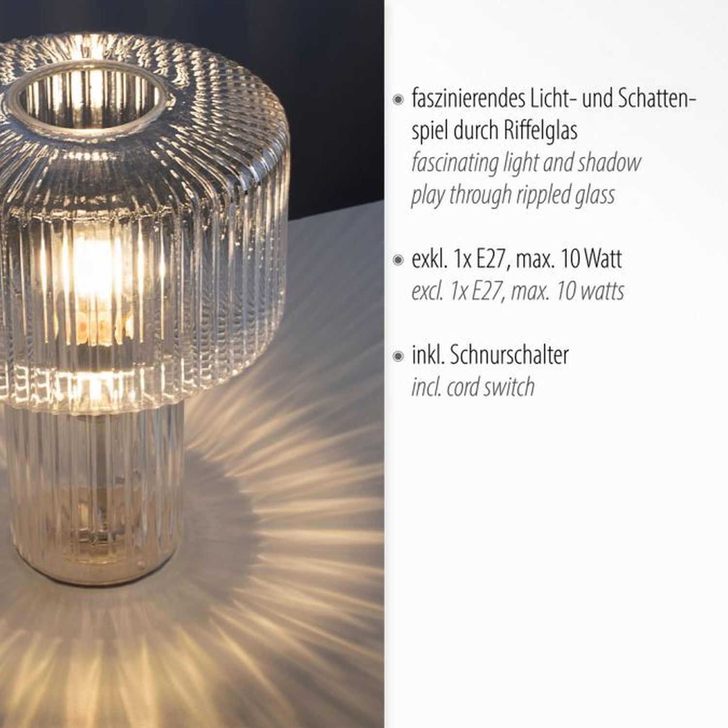 Dekorative Tischleuchte Riffelglas E27 35 cm Pilz rund Lampe, Beleuchtung