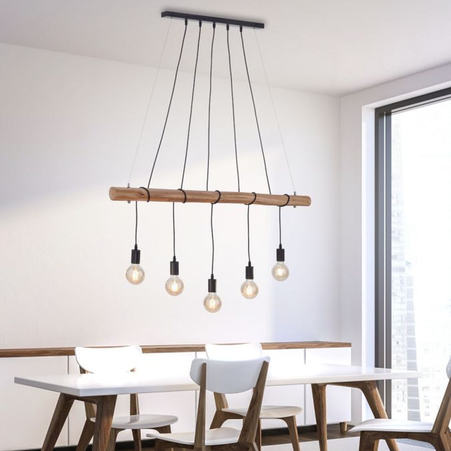 Längliche Pendelleuchte Holz 110 cm E27 Skandinavisch Leuchter, Lampe, Stuhl, Mobiliar