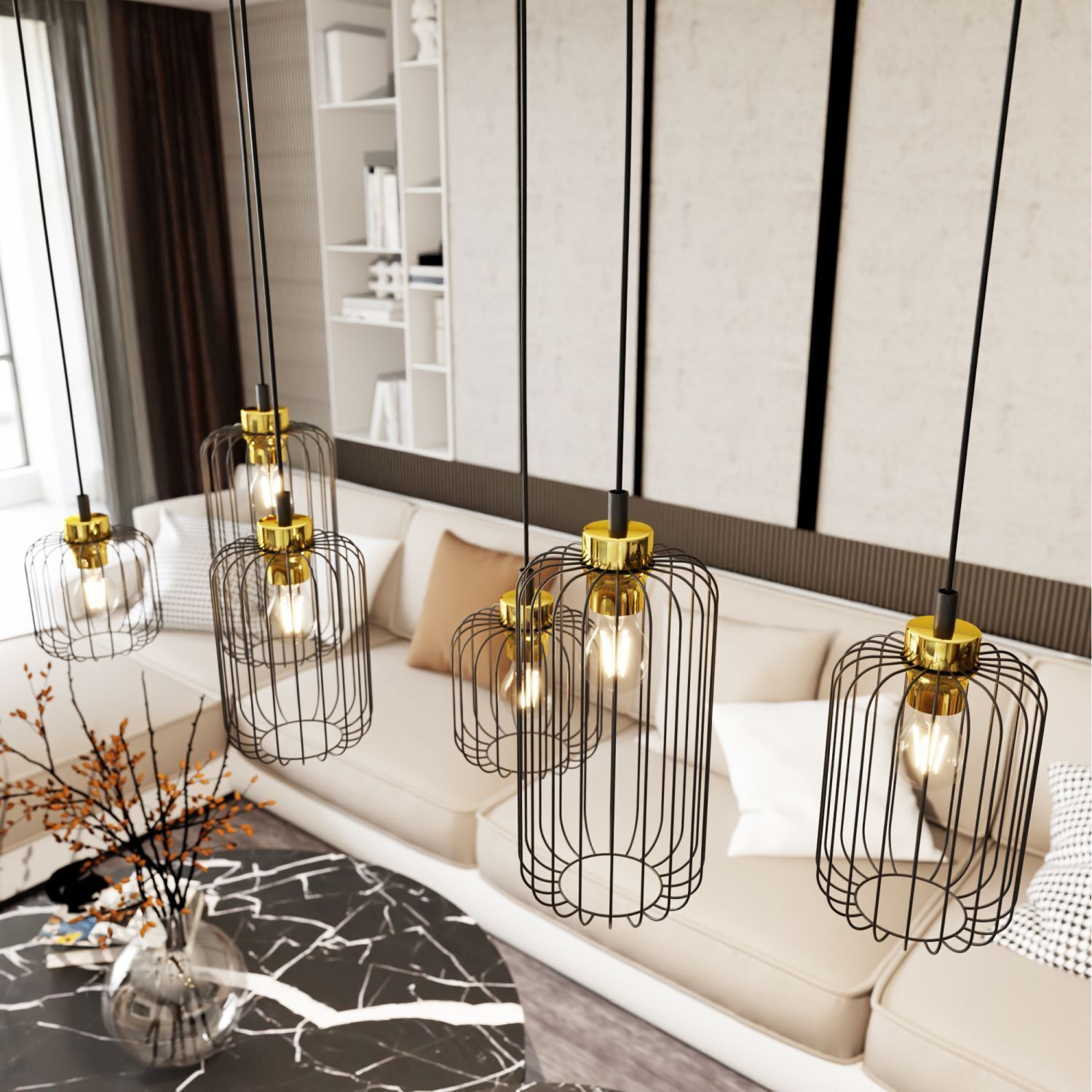 Hängelampe Metall E27 115 cm lang stilvoll Schwarz Gold Hängelampe, Metallkorb-Lampen, Wohnzimmer-Beleuchtung, Goldfinishes, Kugel-Lampenschirme
