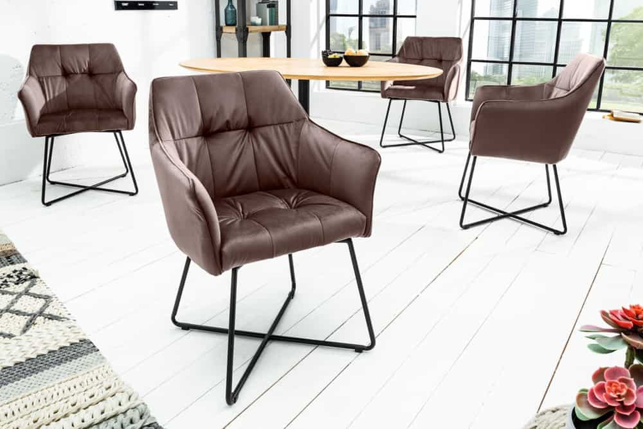 Chaise de salle à manger velours métal brun noir avec accoudoirs