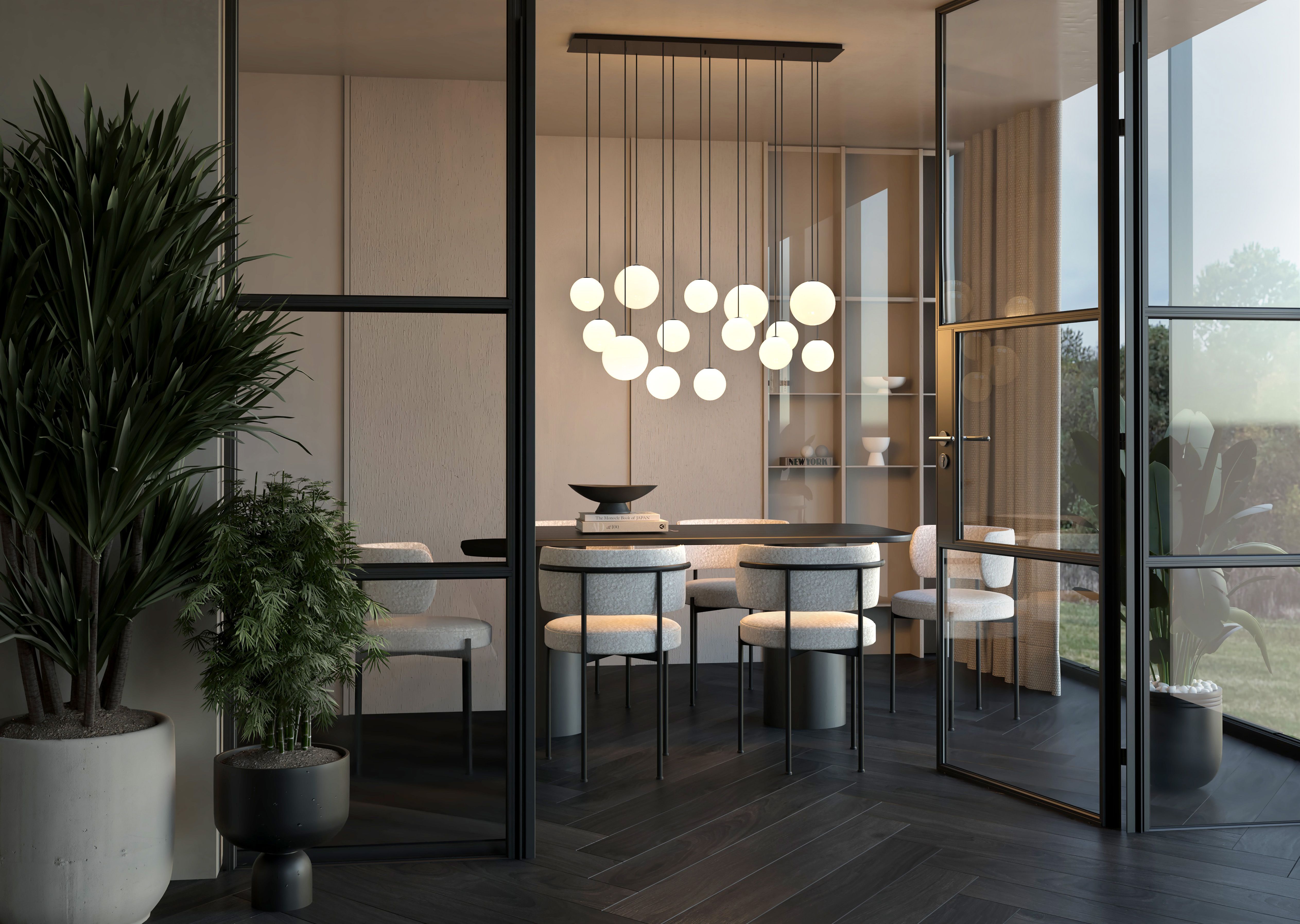 Esstisch, Esszimmer, Hintergrundbeleuchtung, Gläserne Tür, Vorgarten