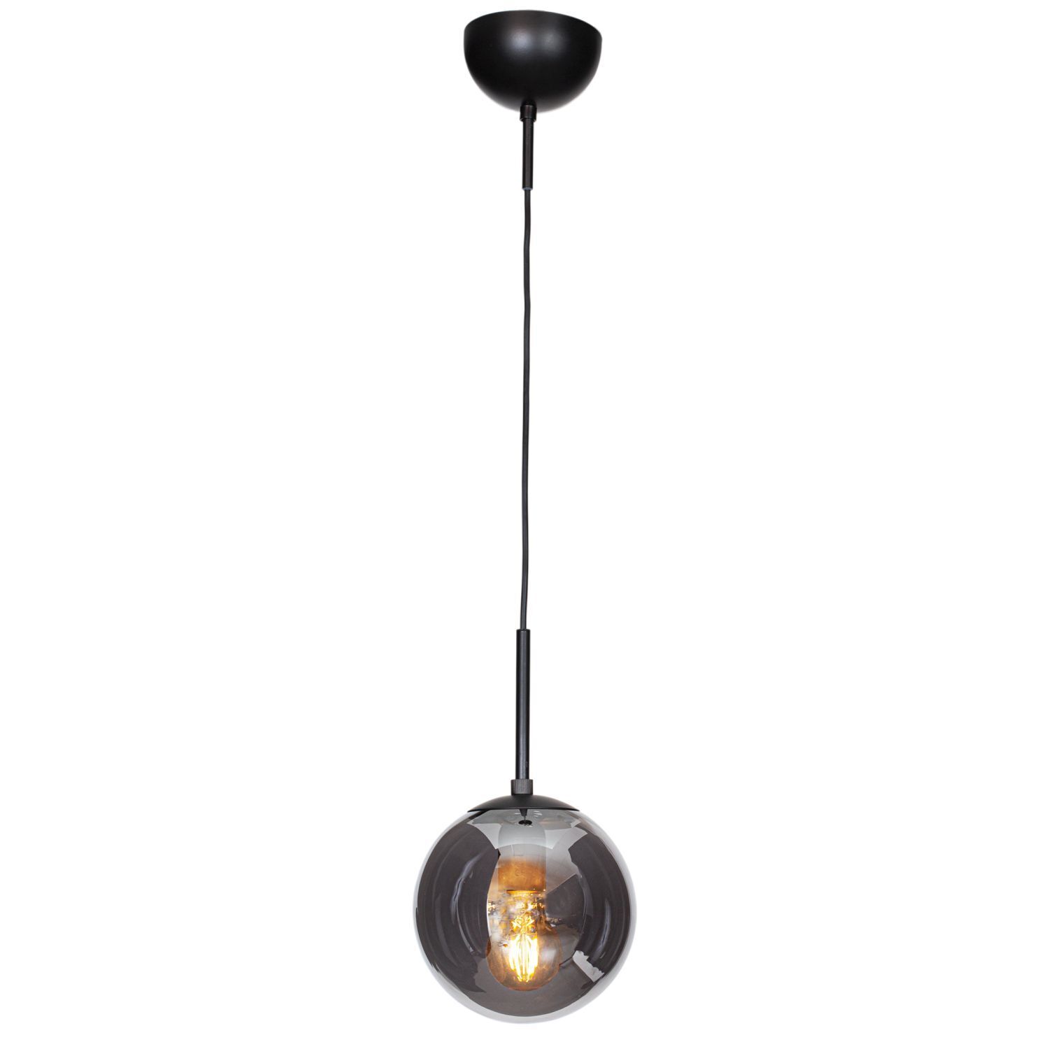 Pendelleuchte Kugelschirm Rauchglas 18 cm breit E27 Retro Deckenlampe, Hängeleuchte, Glasball, Edison-Glühbirne, schwarze Beschichtung