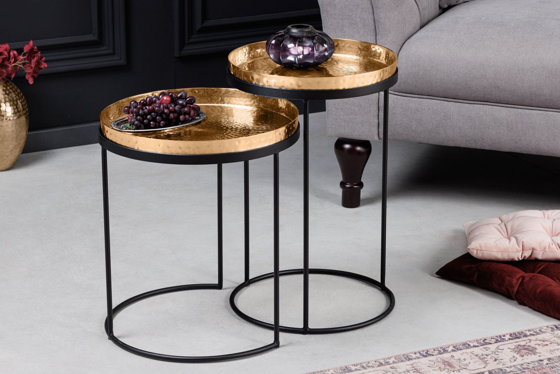 Beistelltisch 2er Set in Gold Schwarz mit Tablett Handarbeit Moebel, Tabelle, Kaffeetisch
