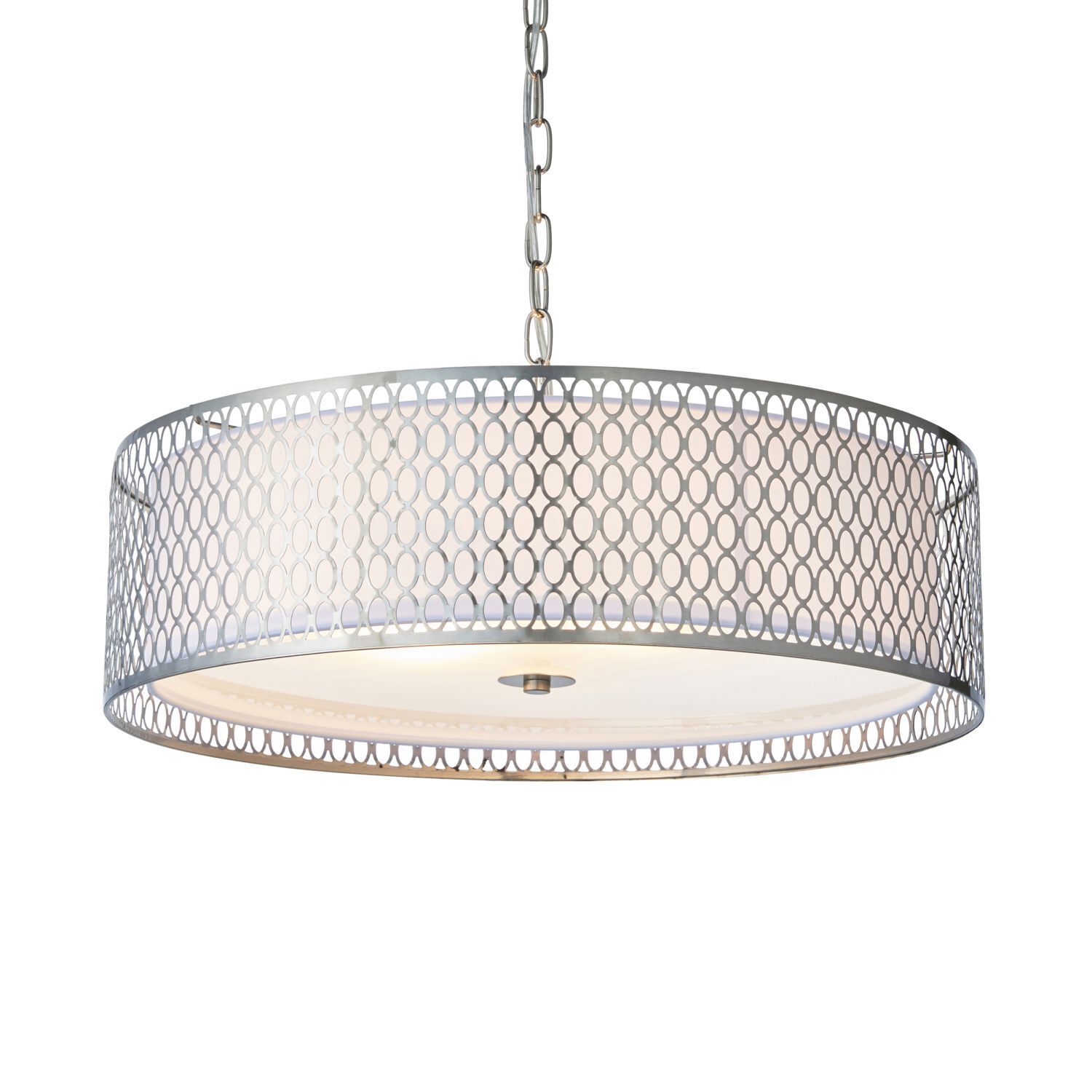 Suspension ronde Ø 56 cm métal verre tissu en nickel blanc 3x E27