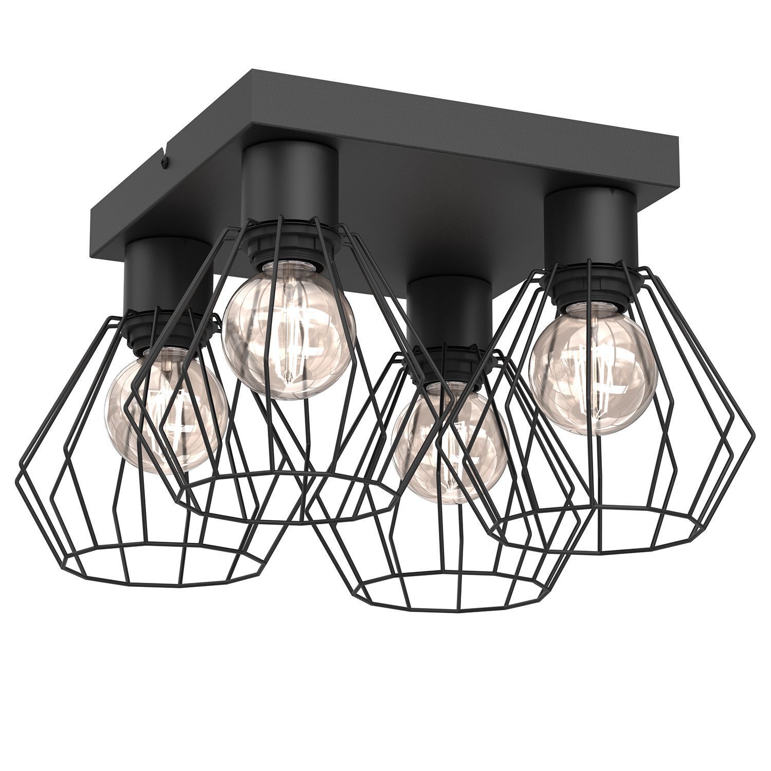 Plafonnier métal noir E27 4 flammes carré