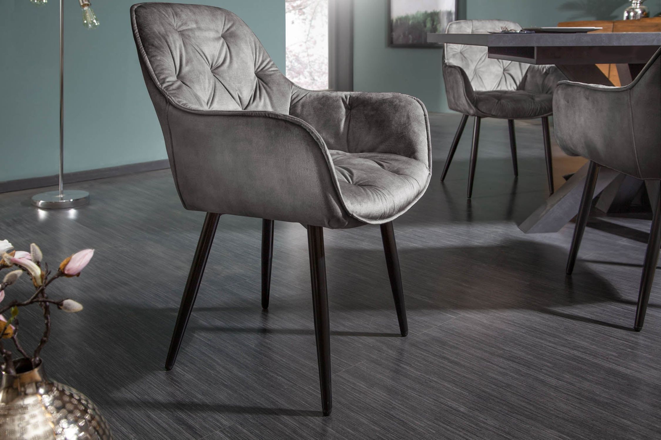 Chaise de salle à manger velours métal vert/gris noir Chesterfield Moebel, Fußboden, Stuhl, Bodenbeläge, Sessel
