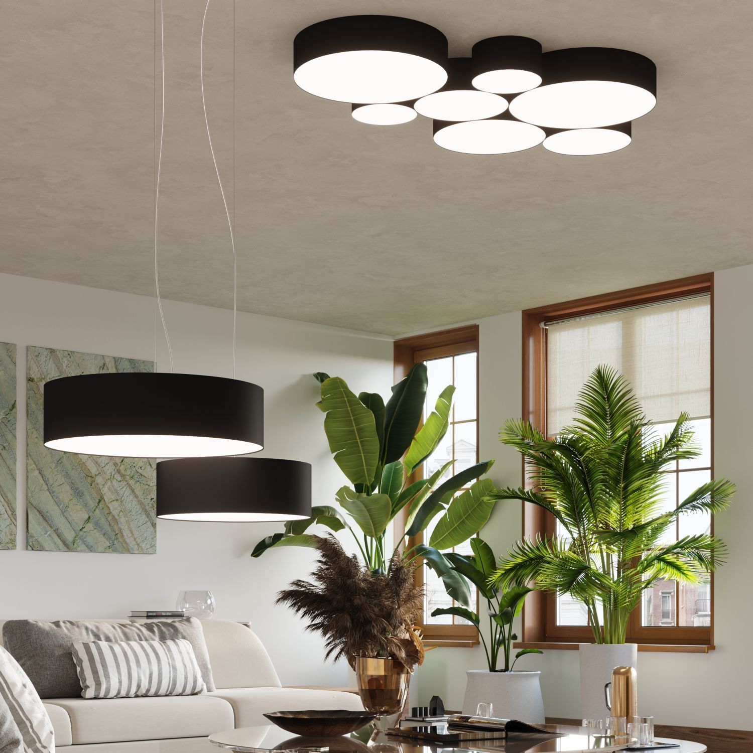 Plafonnier rond plat Ø 55 cm faible éblouissement 4x E27 noir