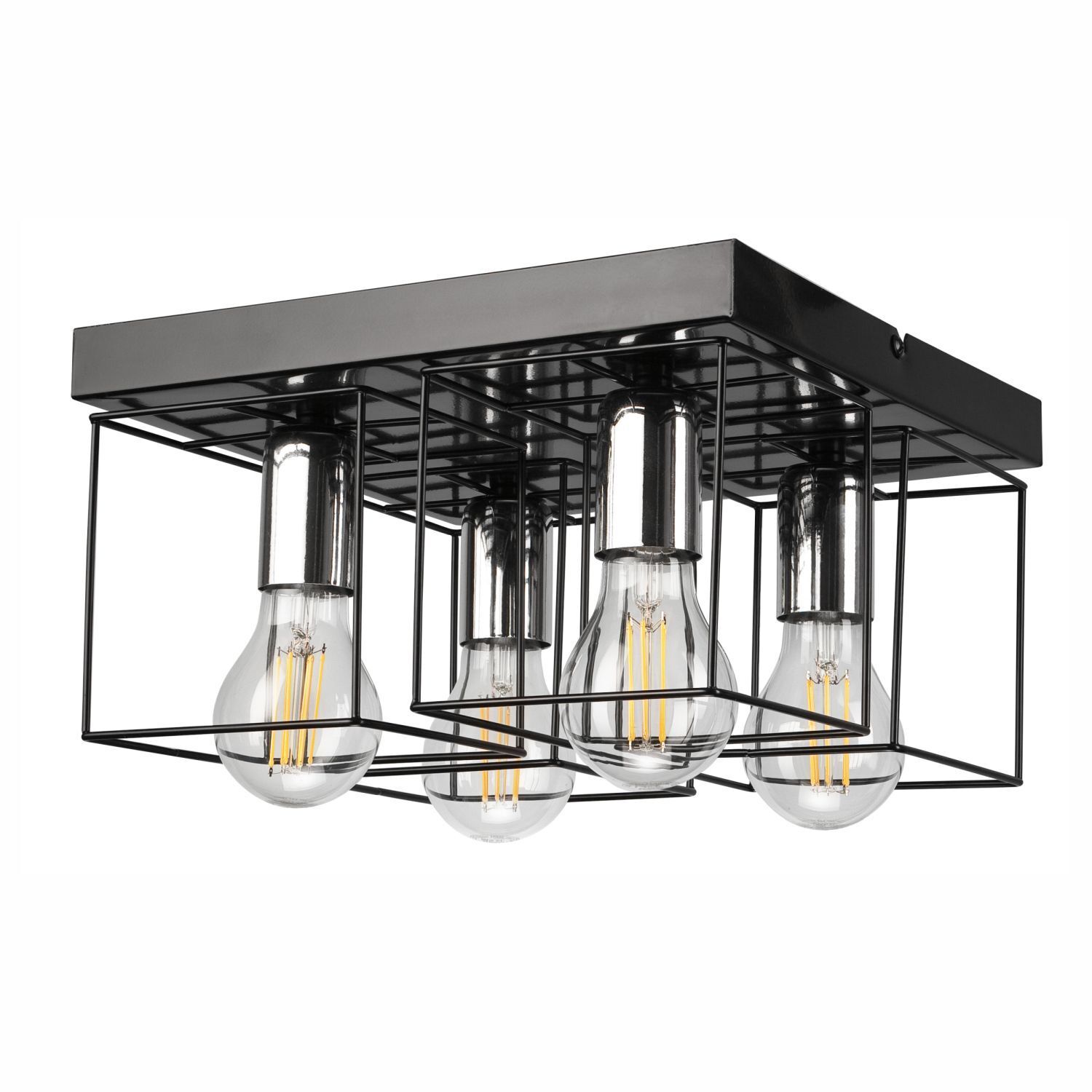 Plafonnier Métal Noir Chrome L : 30 cm carré 4 flammes