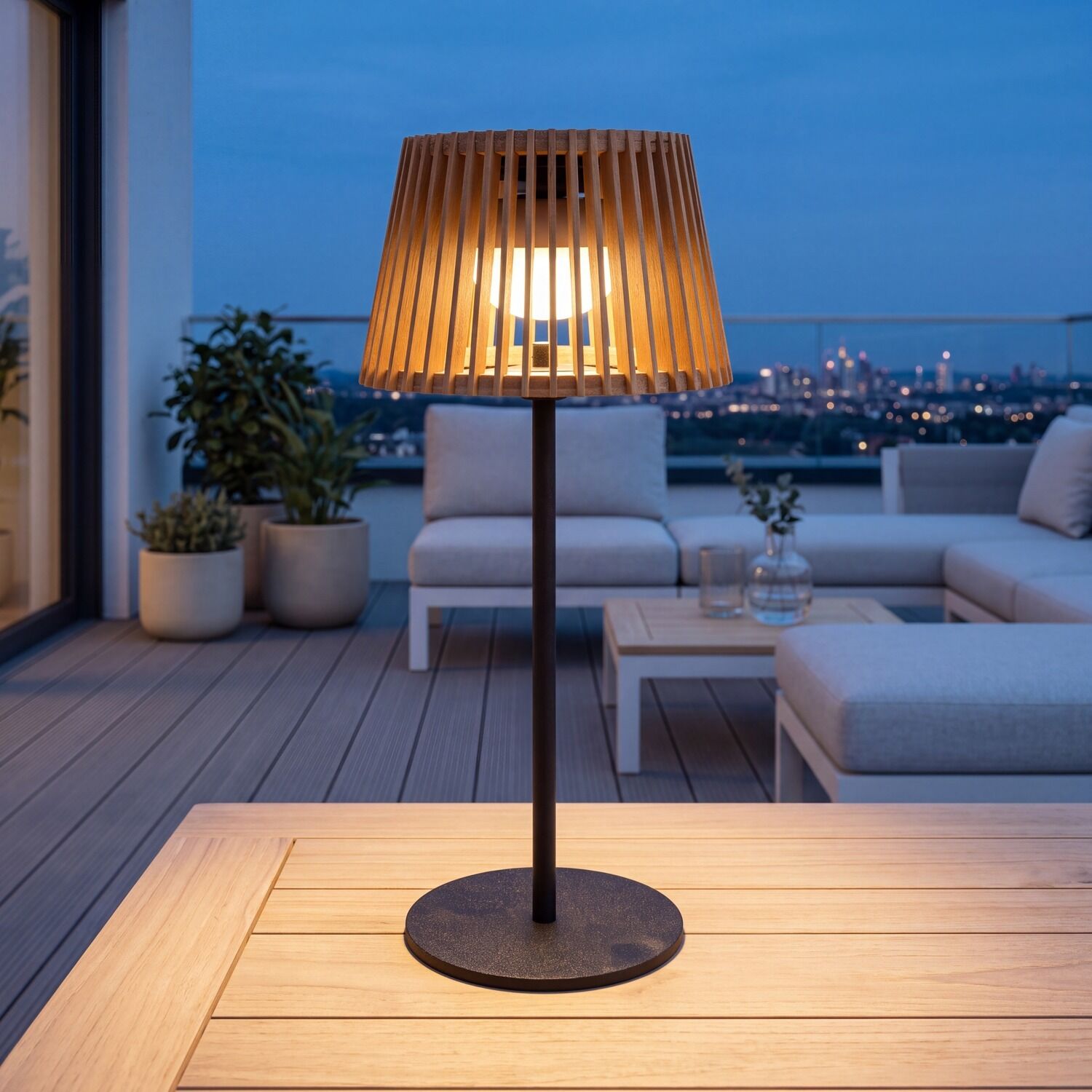 Lampe de table portable LED solaire bois métal 36 cm IP54 2700K