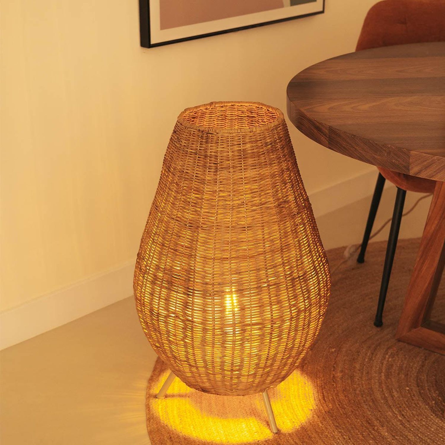 Lampe de table rotin 72 cm trépied câble fiche E27 Lampe