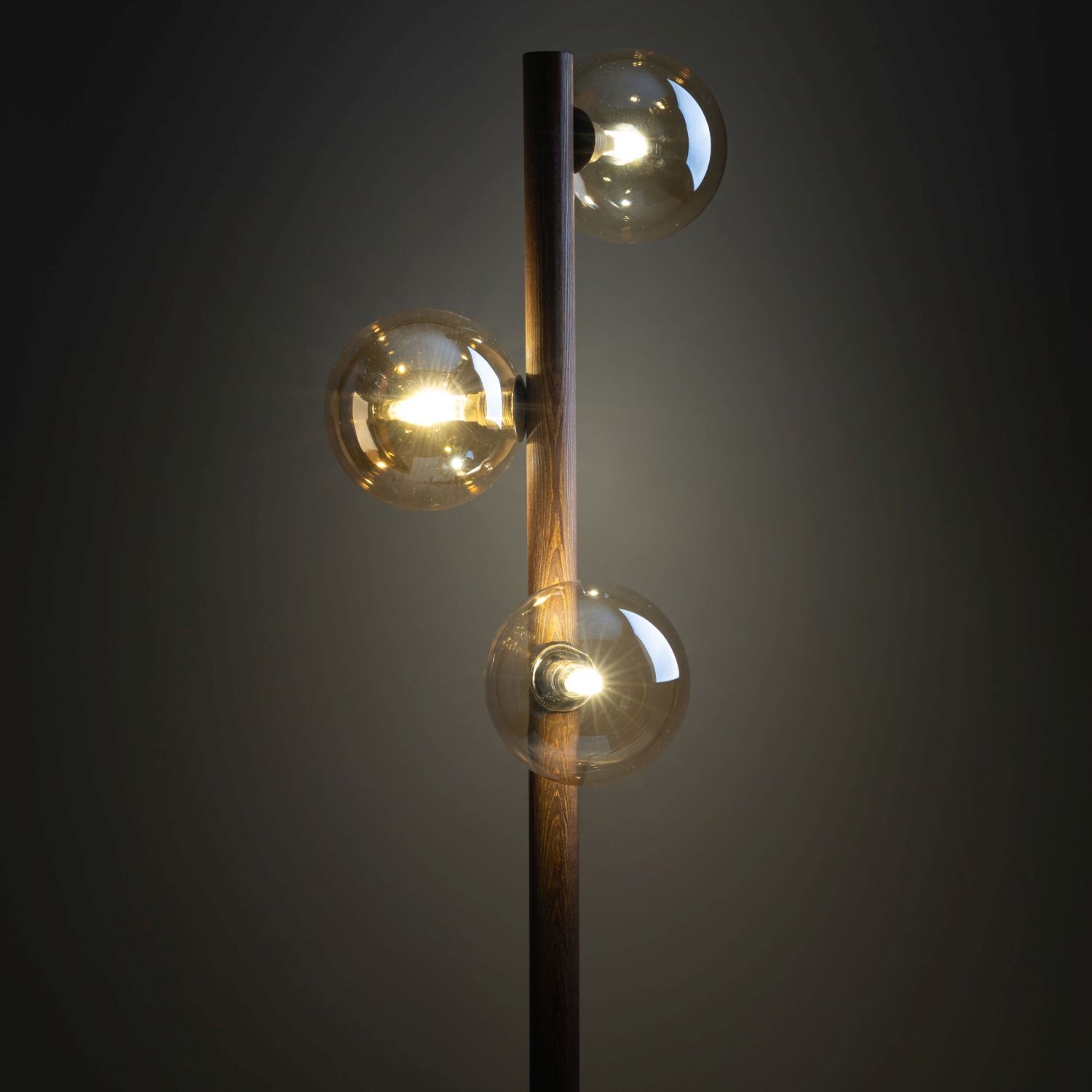 Stehleuchte Braun Holz 150 cm G9 elegant Tripod Glas fußbodenlampe, Holzstab, Glühbirnenkugeln, ambientebeleuchtung, modernes design