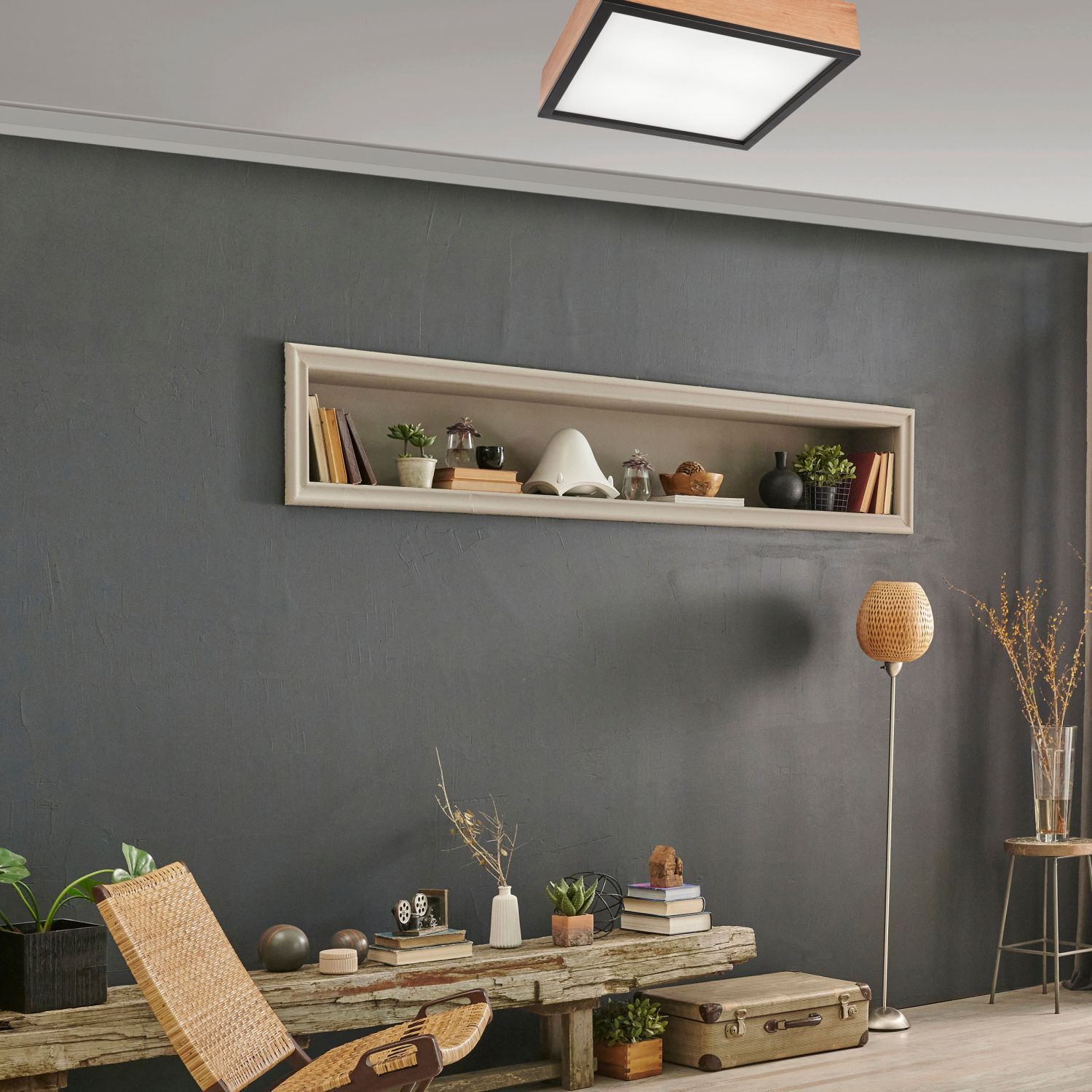 Plafonnier bois L : 39 cm petit carré en chêne 4x E27 Drinnen, Innenarchitektur, Lampe, Mobiliar