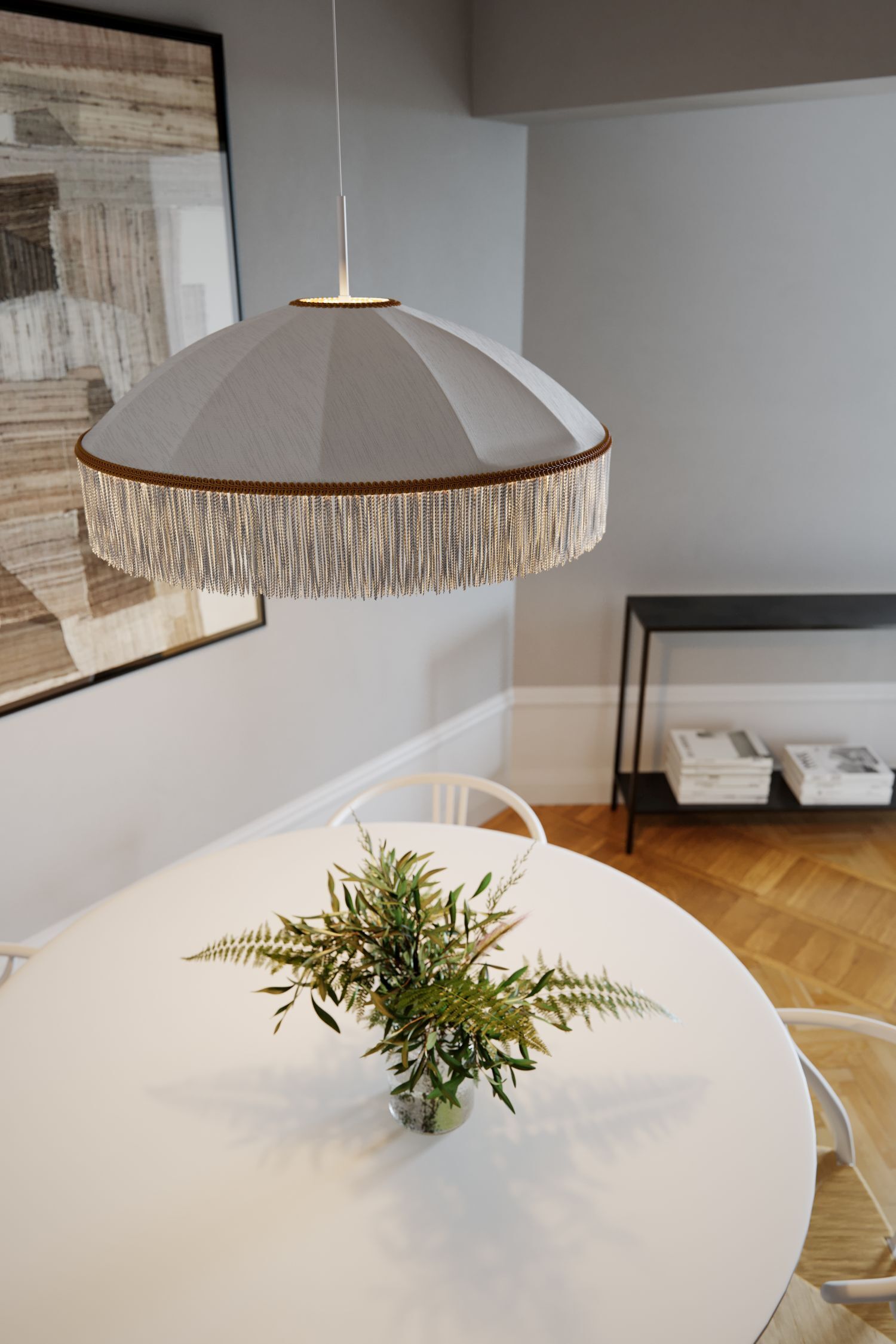Pendelleuchte Weiß Gold Ø 60 cm Stoffschirm Fransen E27 pendant lamp, Fringe-Lampe, Deckenleuchte, weiße Schirme, goldener Fransensaum