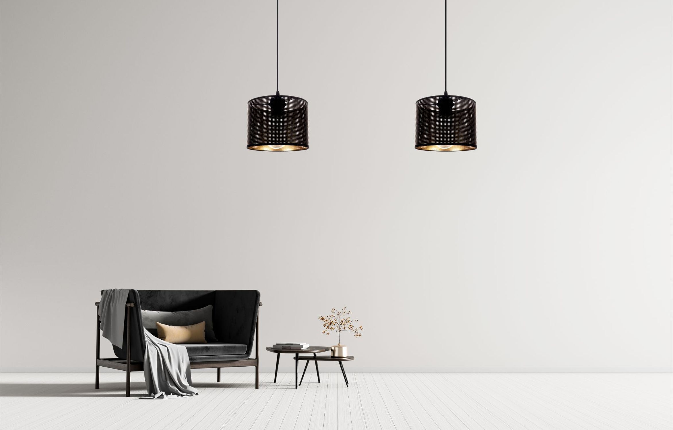 Wohnzimmermöbel, Sofa, Beistelltisch, Hängeleuchte, Dekoration