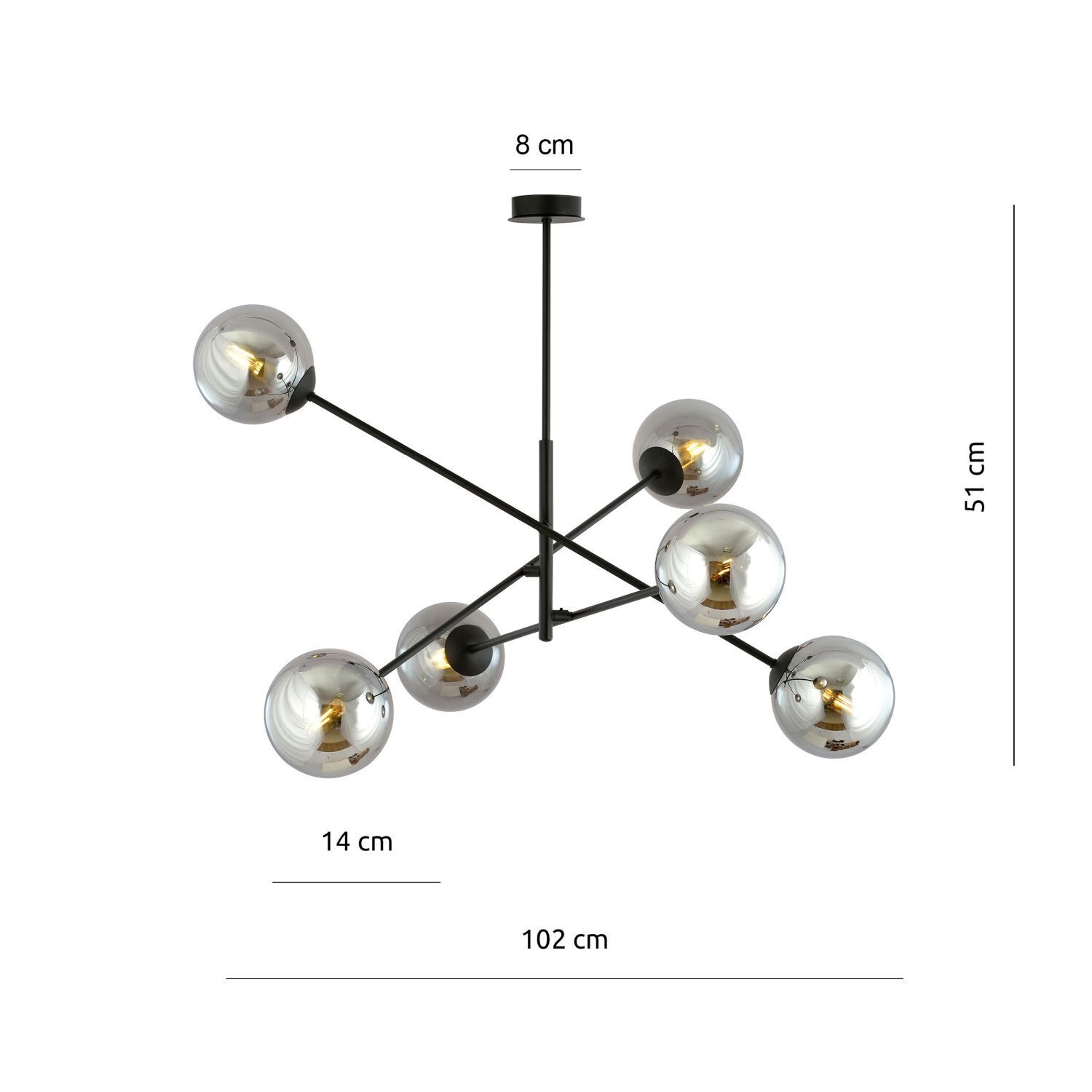 Plafonnier verre fumé métal 102 cm orientable E14 6-flamme