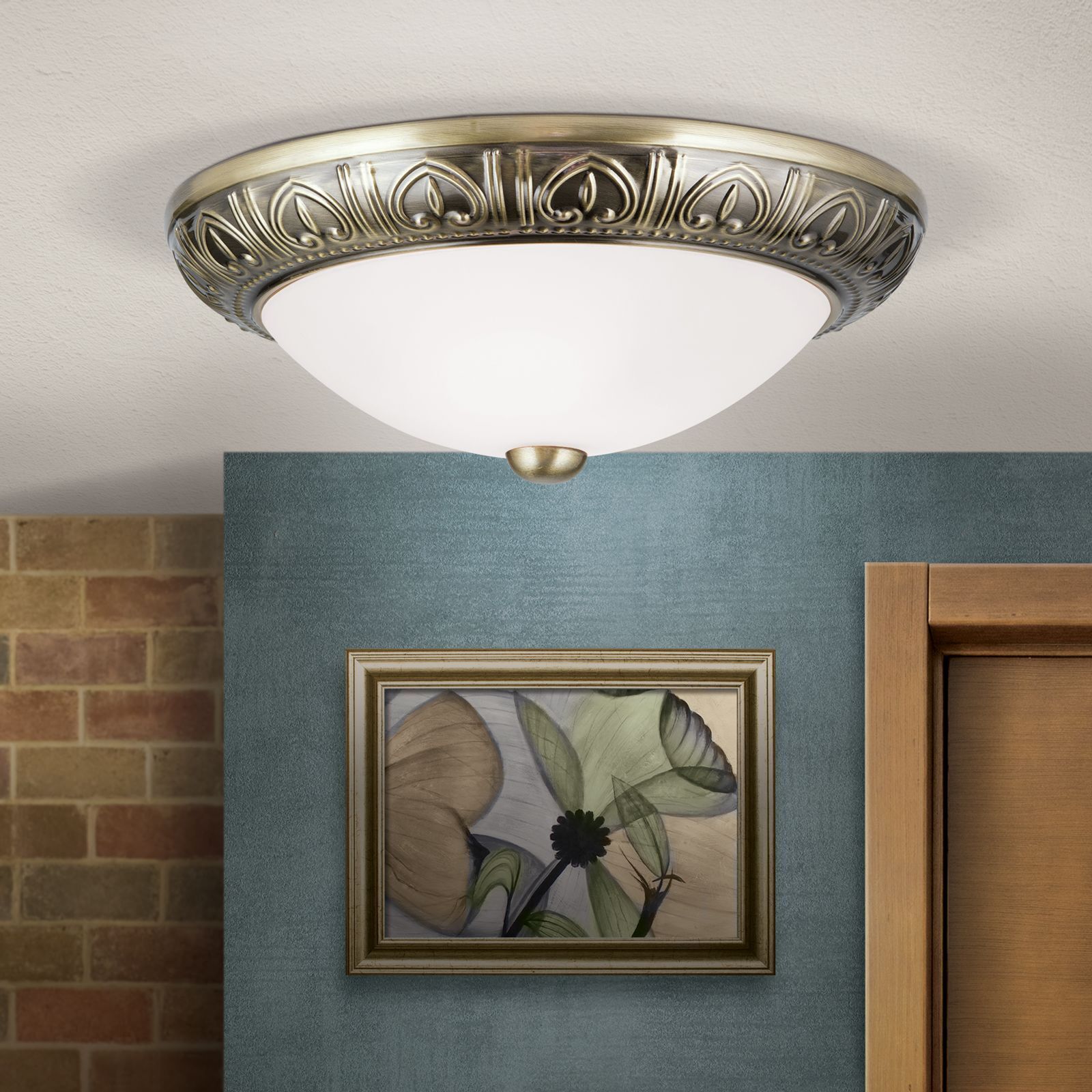deckenleuchte, deckenlampe, metallrahmen, ornament, glaskuppel