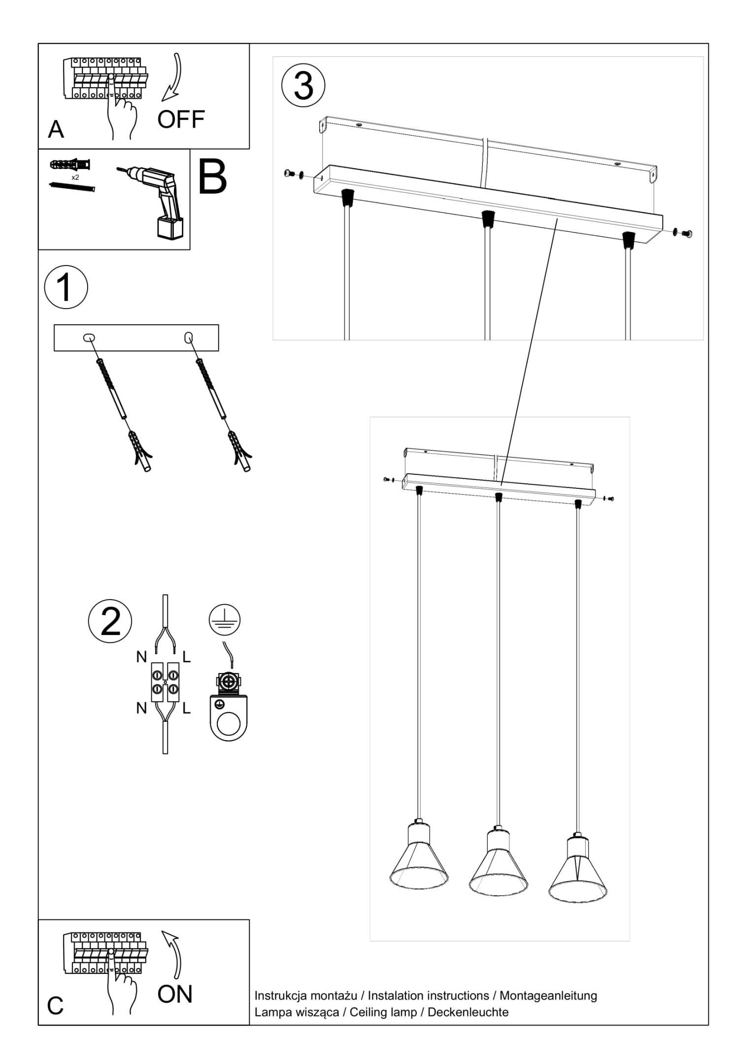 Lampe à suspendre 3 flammes 45 cm de long rétro E27 métal