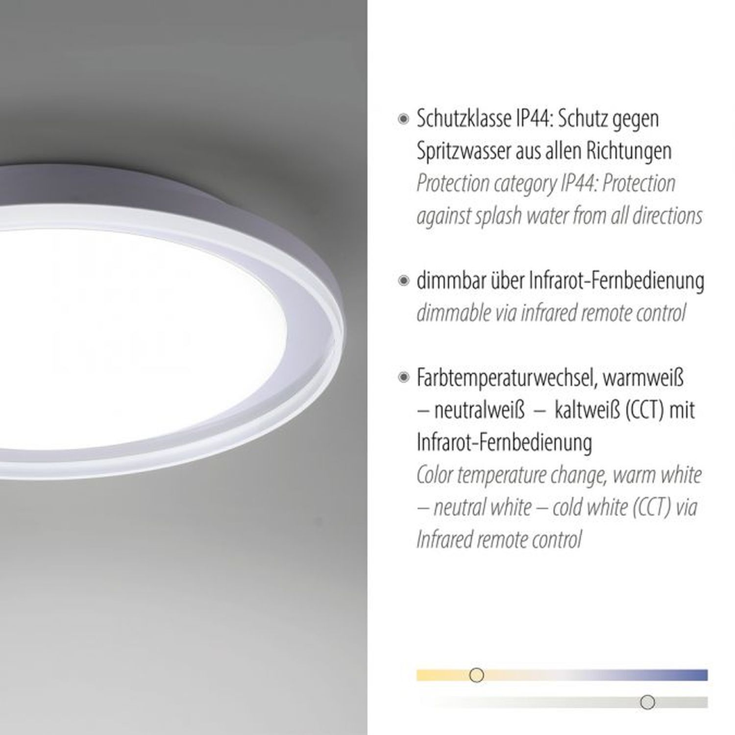 Plafonnier LED à faible éblouissement IP44 28 W L:45 cm en chrome Deckenleuchte, Leuchte