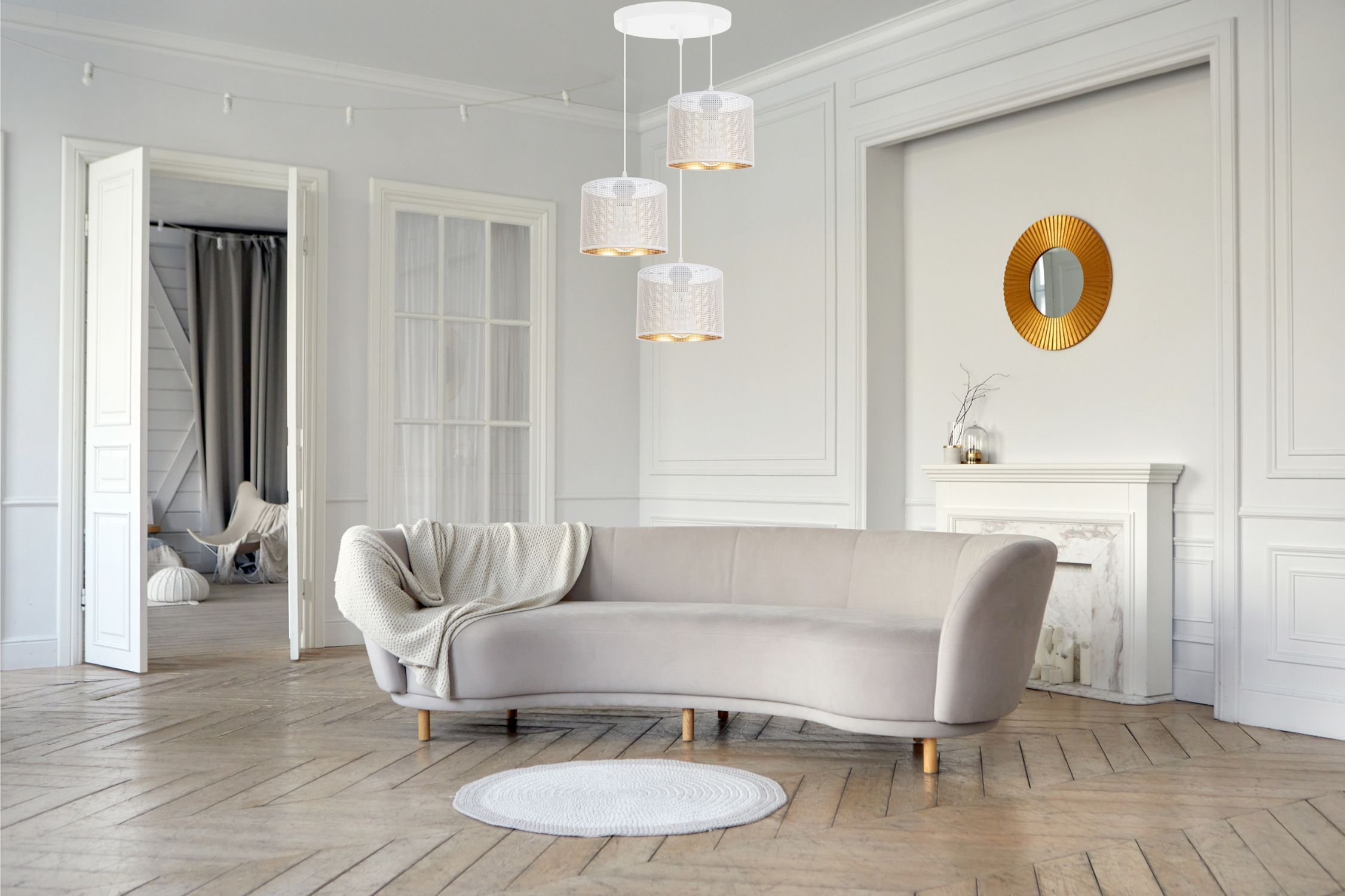 Lampe à suspendre métal blanc or E27 3-flammes Ø45 cm Loft Dekoration für Zuhause, Couch, Mobiliar, Innenarchitektur, Teppich