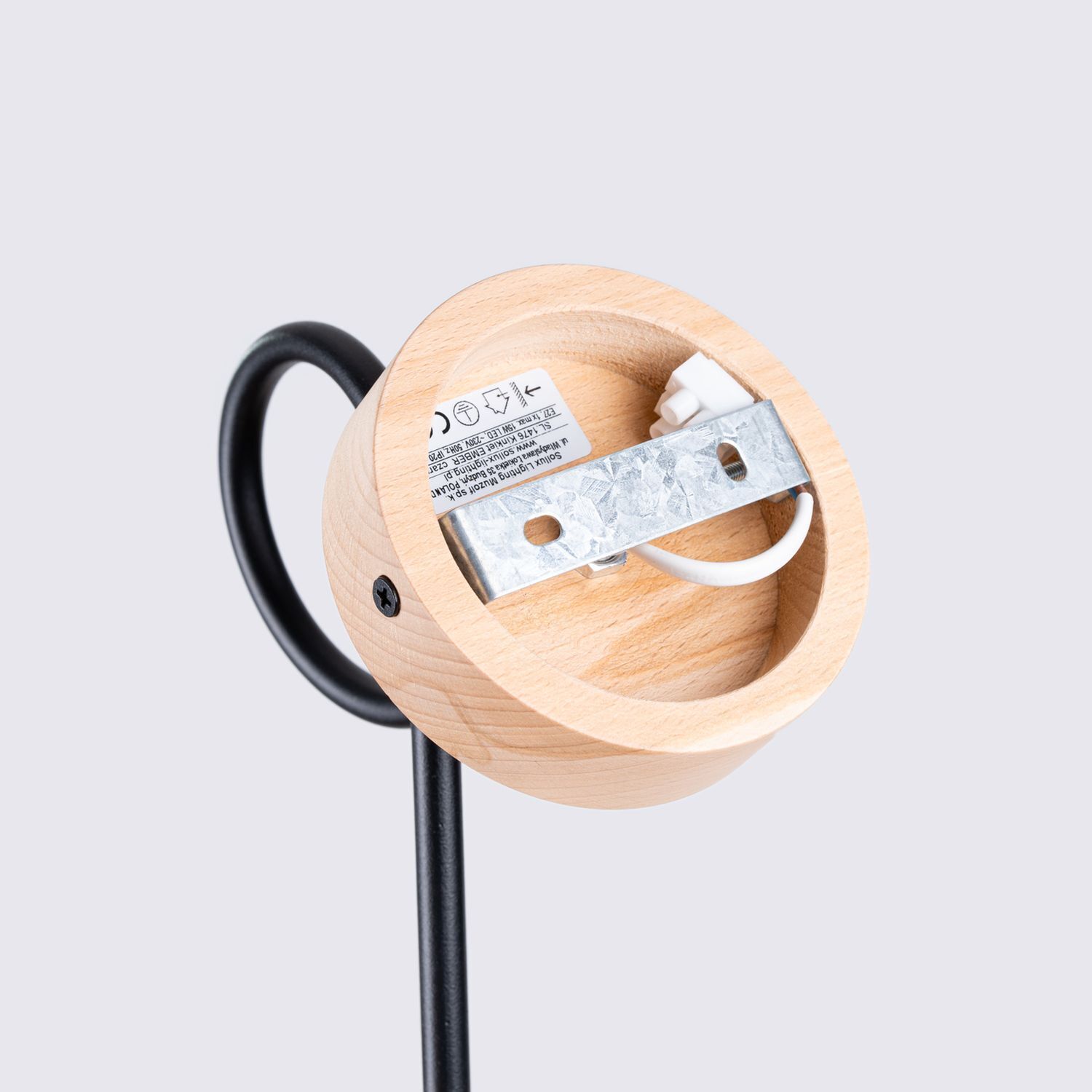 Wandleuchte mit Arm Holz Stahl Schwarz E27 H:24 cm Holzpendel, Holzfassung, Lichtfassung, Wandlampe, Elektrische Schraube