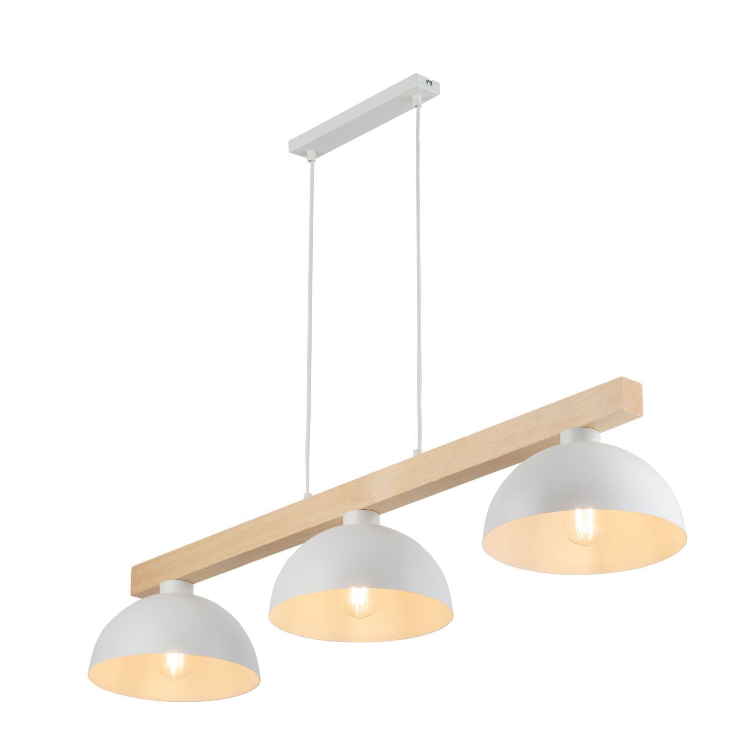 Suspension Blanc Métal Bois 3 flammes 118 cm de large E27