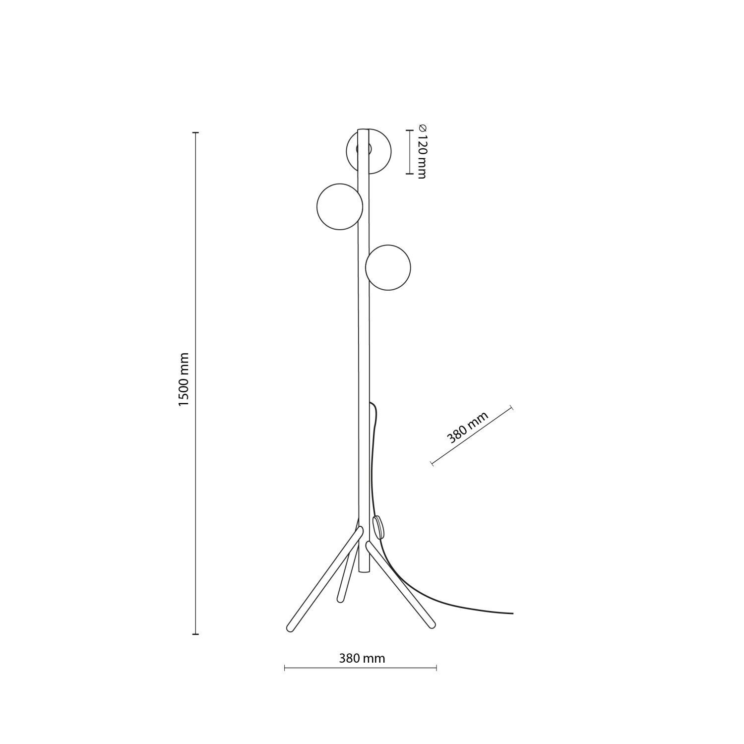 Lampadaire 150 cm petit bois verre 3x G9 tripode MIEKE