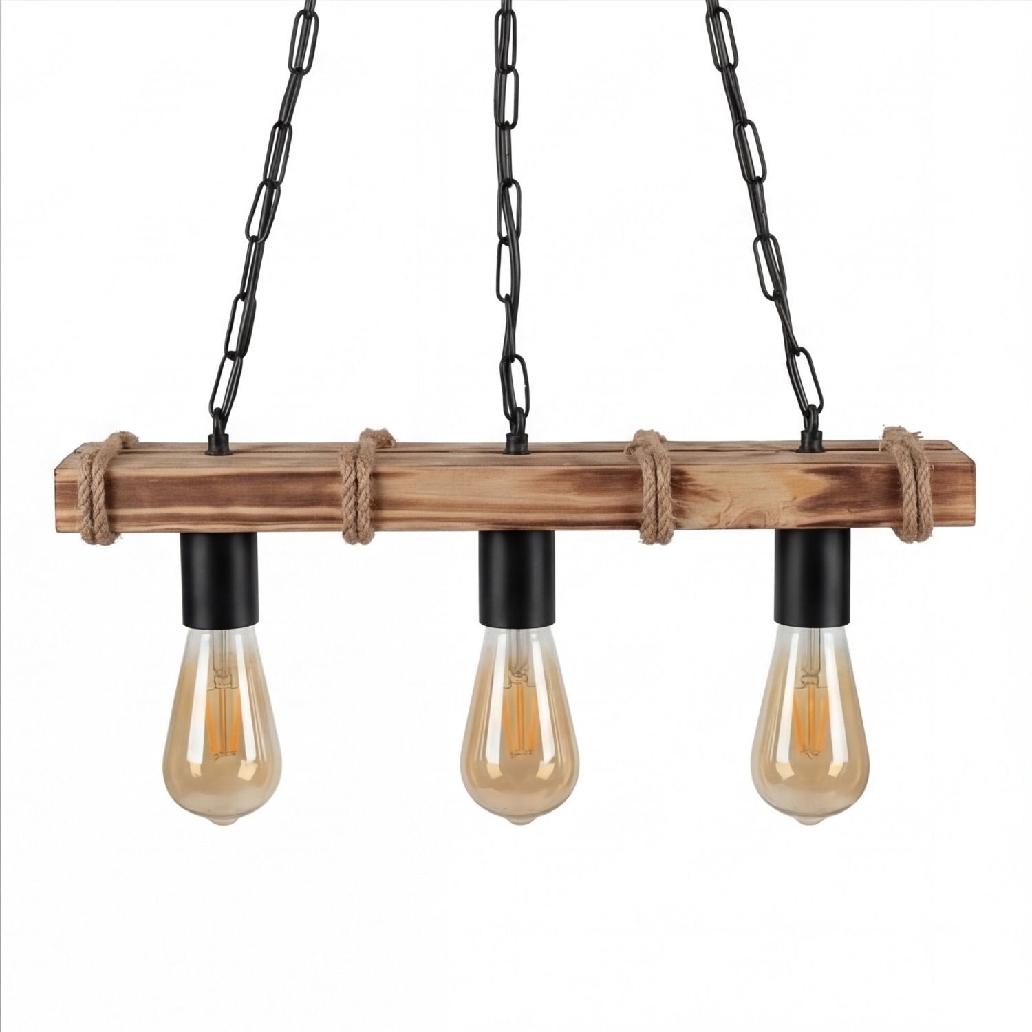 Hängeleuchte Metall E27 H: max. 85 cm 3-flammig LIRIEN pendant light, Holzträger, drei Glühbirnen, hängendes Licht, Seilaufhängung
