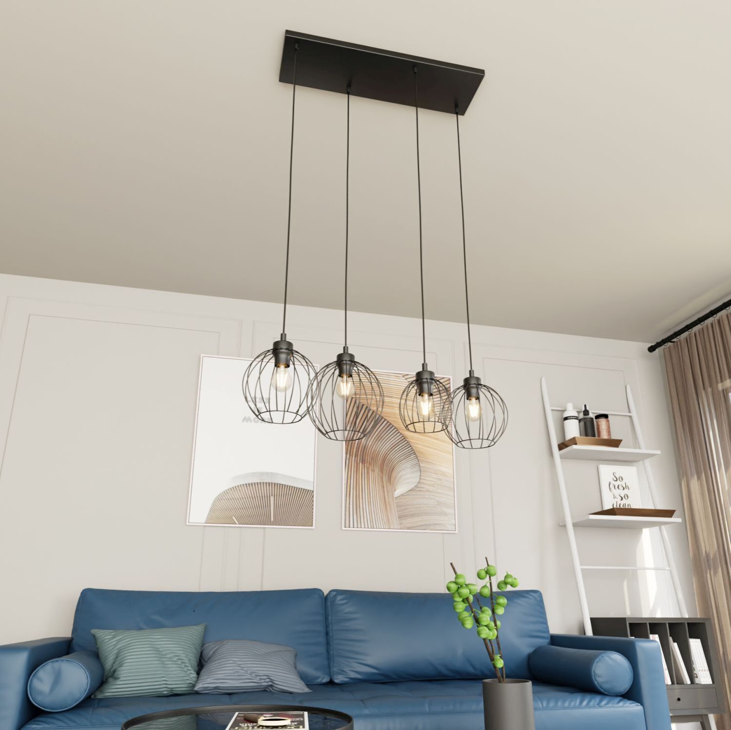 Lampe à suspendre en métal E27 noir 4-flamme L:70 cm long