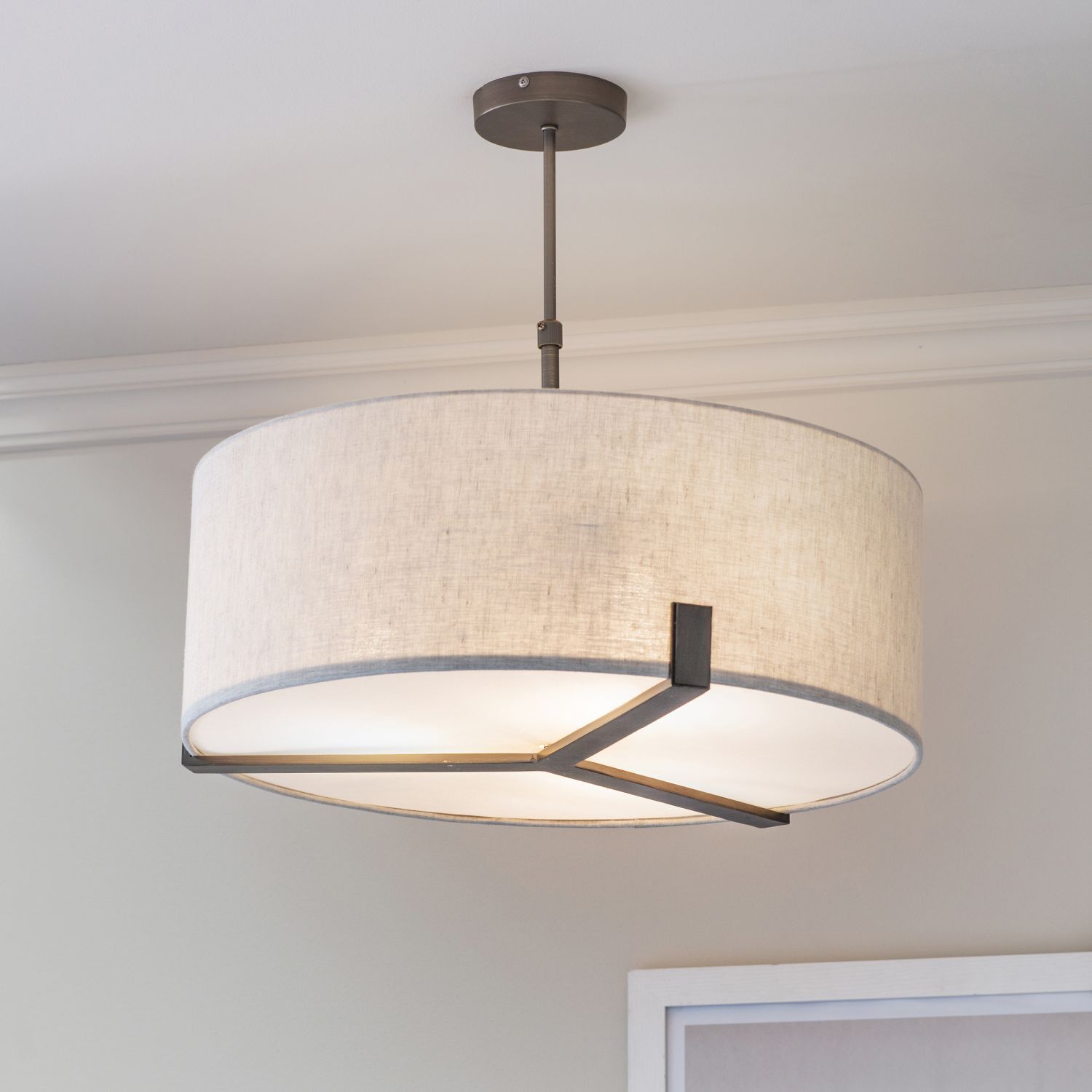 Lampe de plafonnier ronde tissu métal Ø 56 cm réglable en hauteur 3x E27