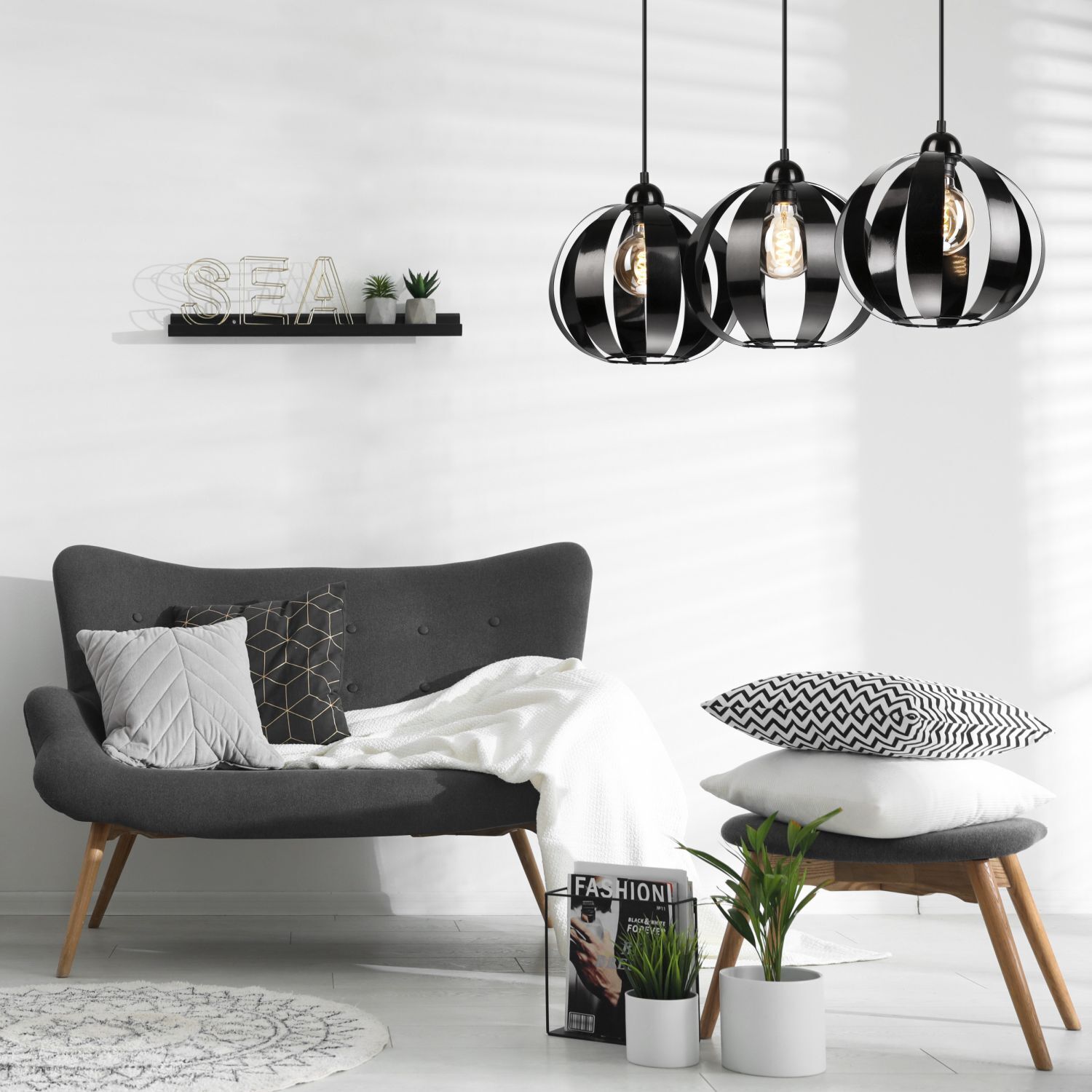 Suspension noir métal 3 flammes E27 orientable
