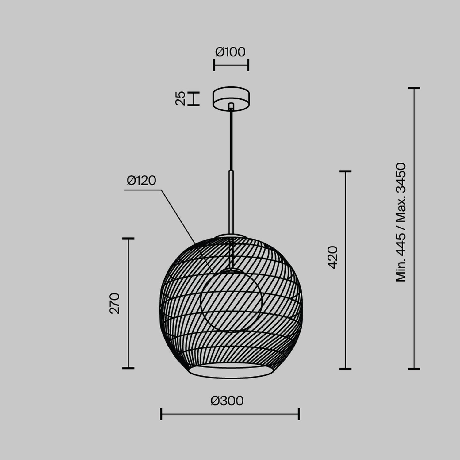 Suspension métal verre G9 ronde D : 30 cm noir blanc