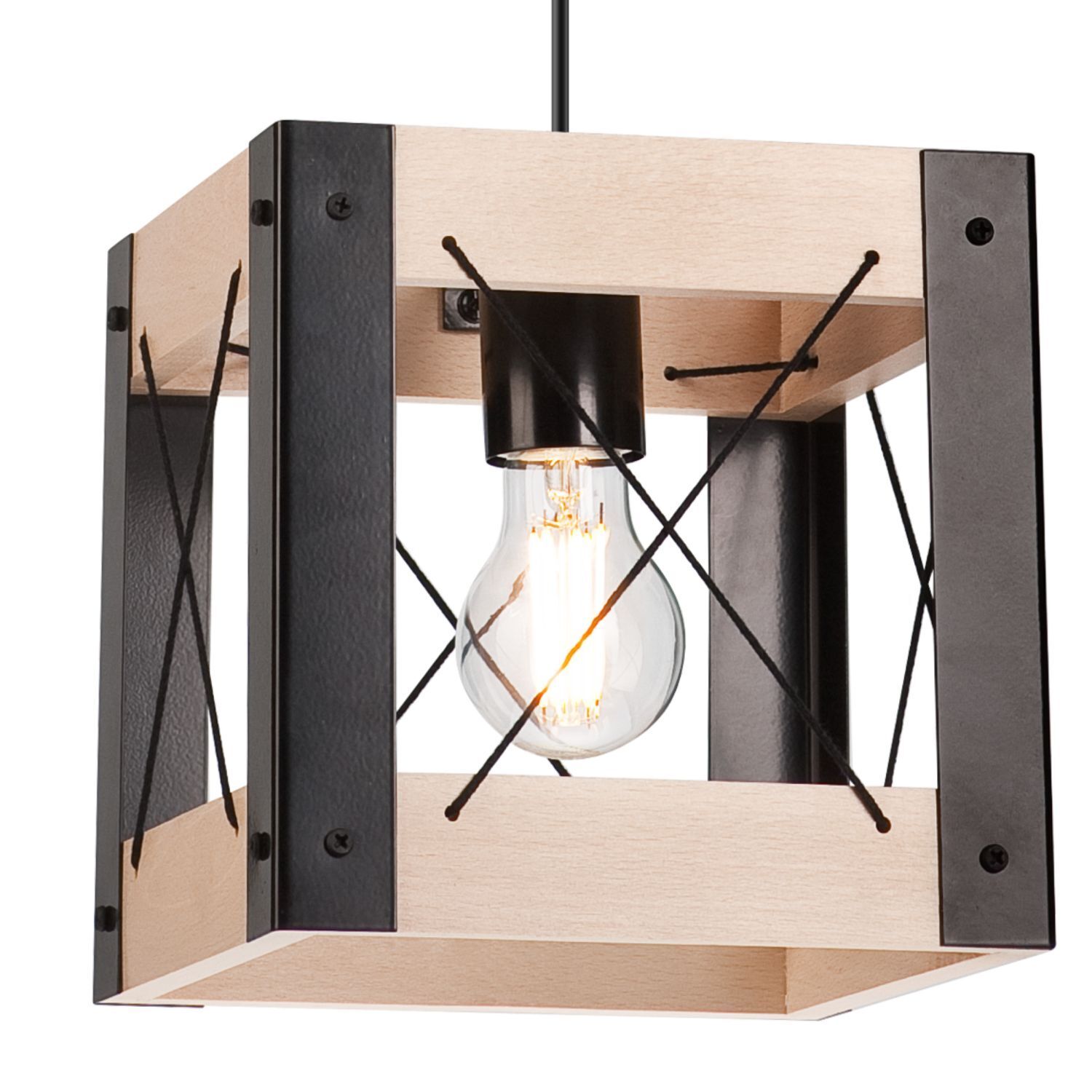 Lampe à suspendre Bois Métal ajustable Noir Naturel E27 Rustique