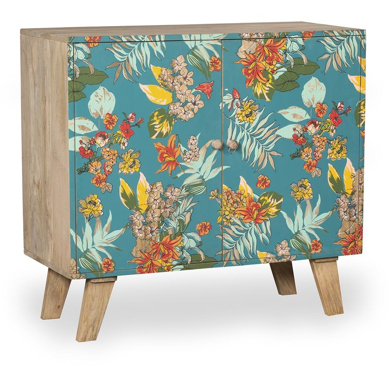Buffet floral multicolore turquoise en bois de manguier MDF L : 90 cm Moebel, Anrichte, Kabinett, Gemälde, Schrank