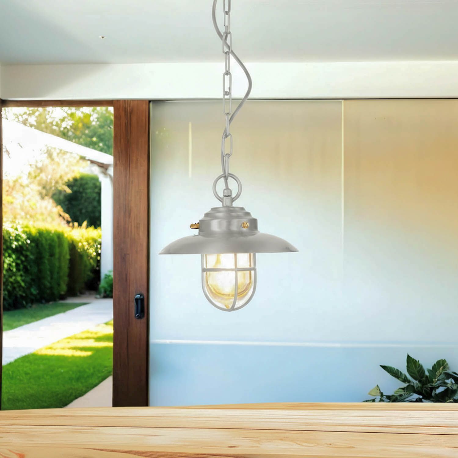 Außenlampe Messing massiv Glas rund D: 23 cm IP54 Grau Drinnen, Innenarchitektur, Leuchte, Gebeiztes Holz, Holz