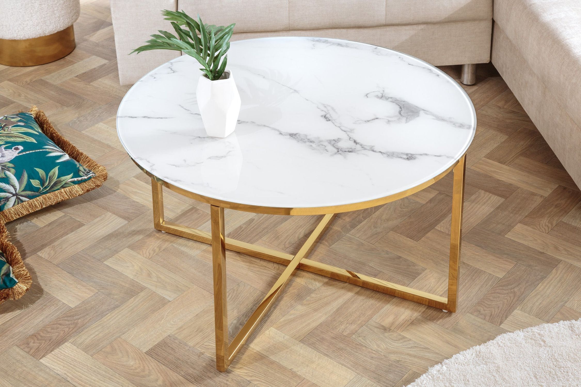 Couchtisch Hartglas Metall in Weiß Gold 80 x 80 cm Moebel, Tabelle, Tischplatte, Kaffeetisch, Schreibtisch