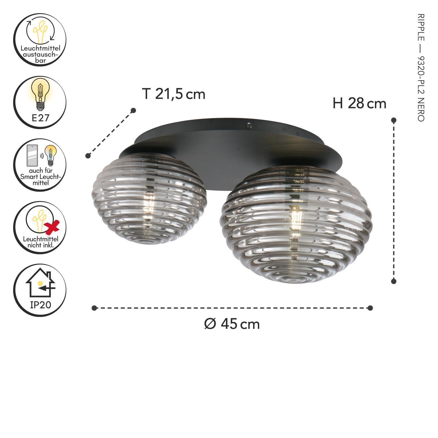 Deckenlampe Rauchglas Metall Schwarz E27 45 cm blendarm Deckenleuchte, Rund, Glaskugel, E27, IP20