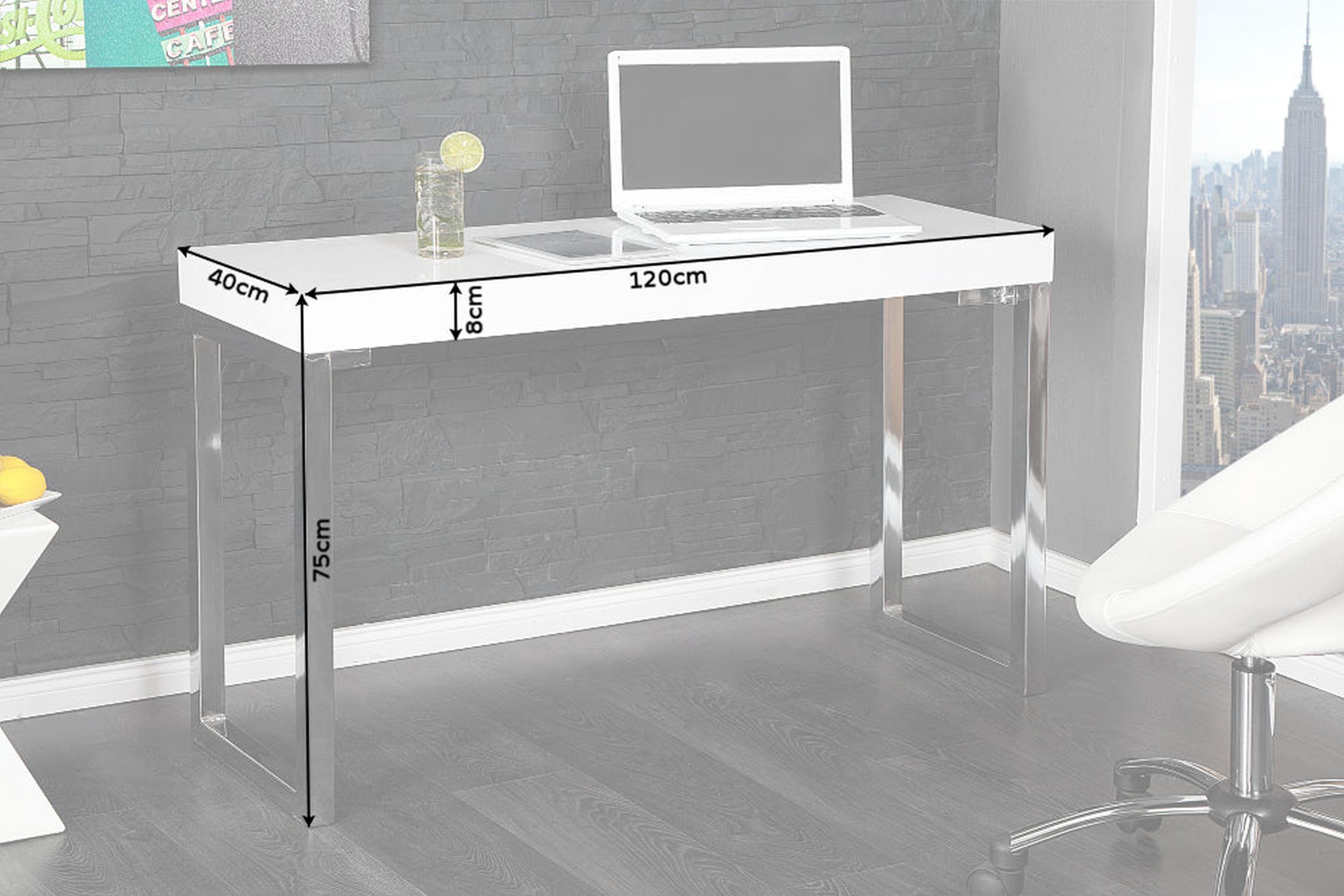 Bureau blanc chromé 120 x 75 cm brillant Schreibtisch, Mobiliar, Tabelle, Stehender Schreibtisch, Laptop