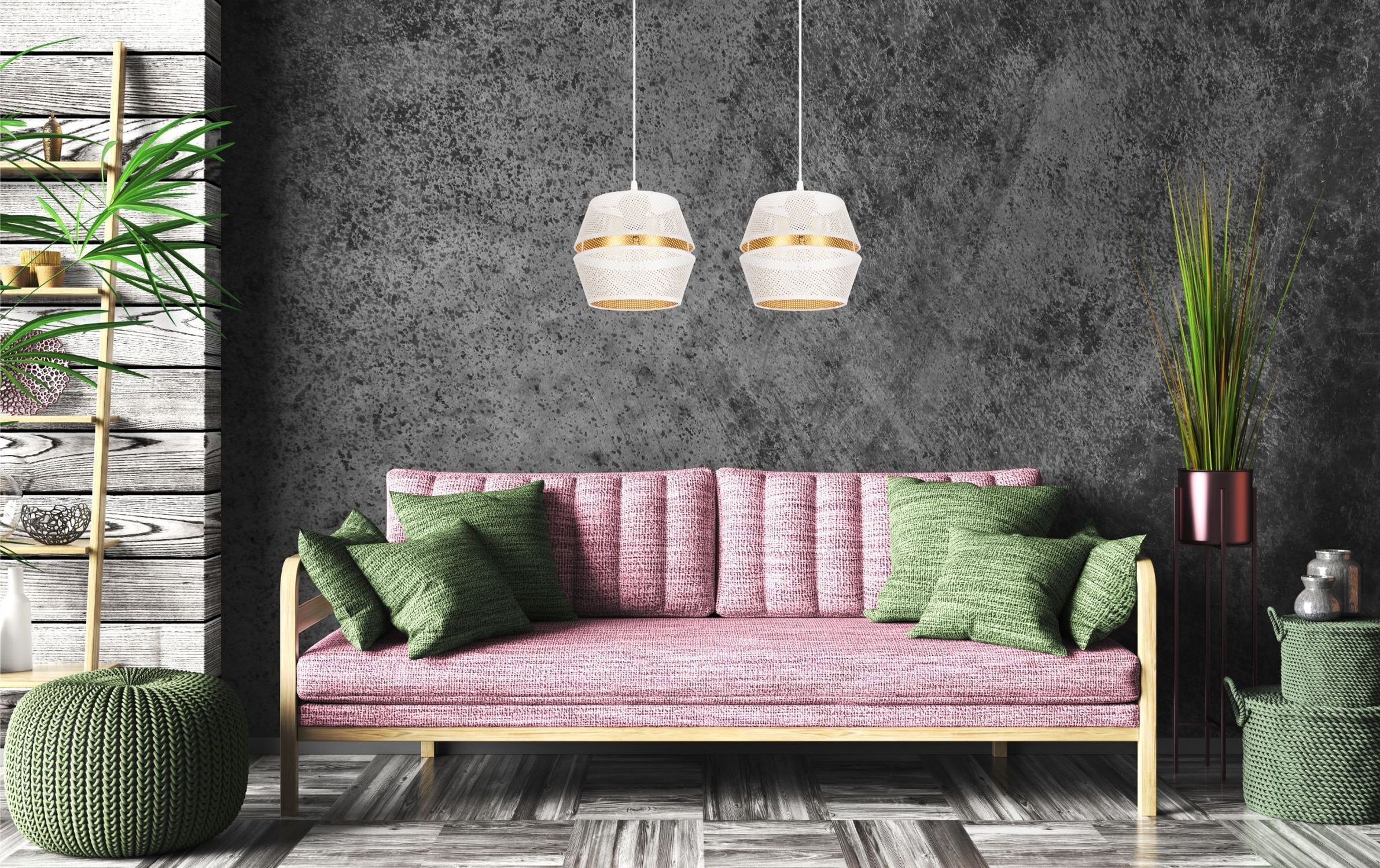 Hängeleuchte Metall Weiß Gold E27 50 cm lang 2-flammig Innenarchitektur, Kissen, Dekoration für Zuhause, Pflanze, Couch