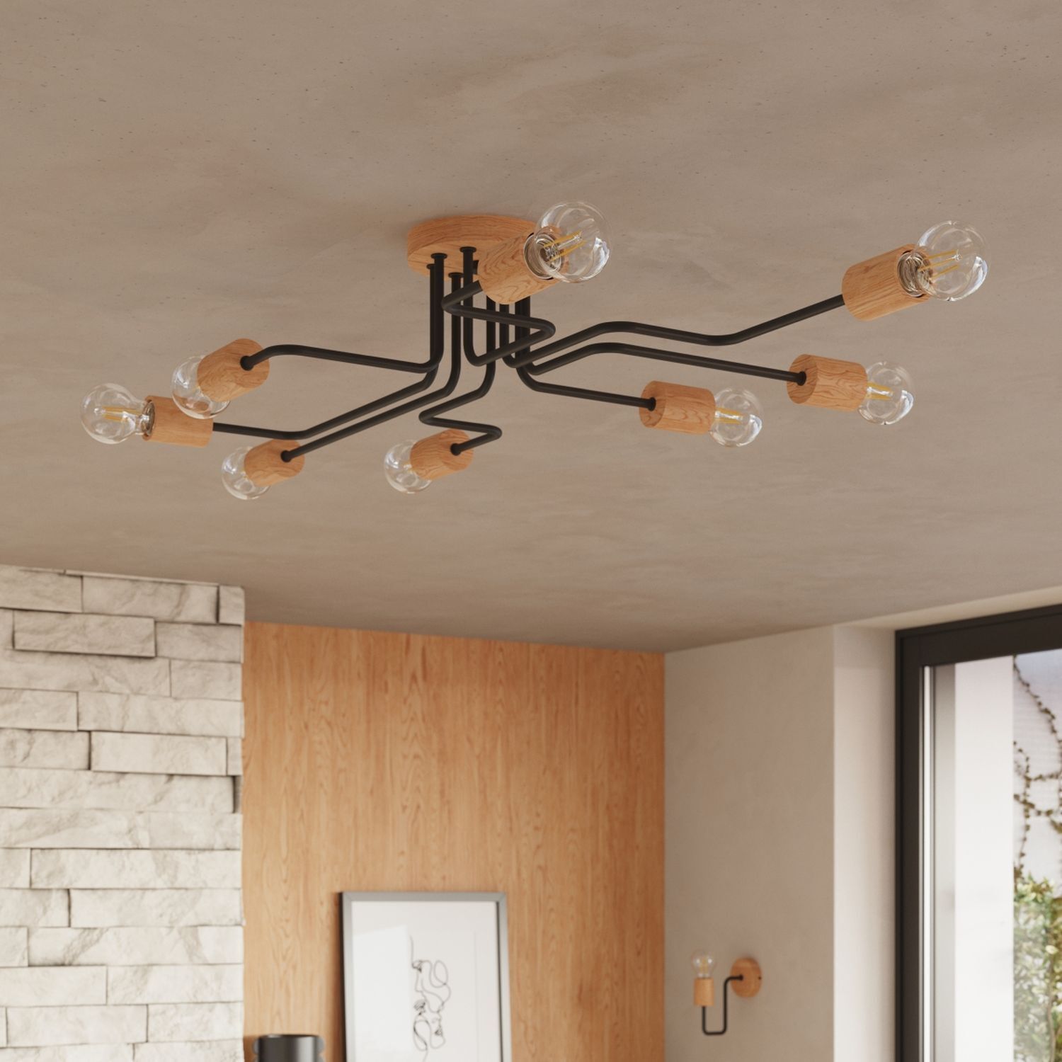 Deckenleuchte, Metall, Schwarz, Holz Akzente, Mehrfachlampe