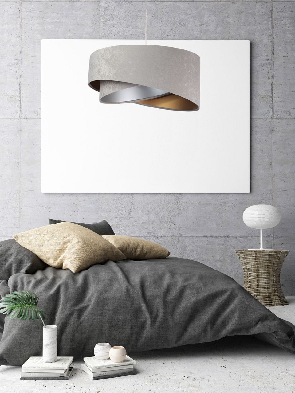 Lampe à suspendre ronde E27 D : 50 cm Gris Or Argent Abat-jour en tissu