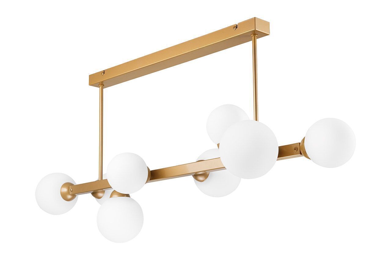 Plafonnier verre métal 102 cm long or blanc 8x G9