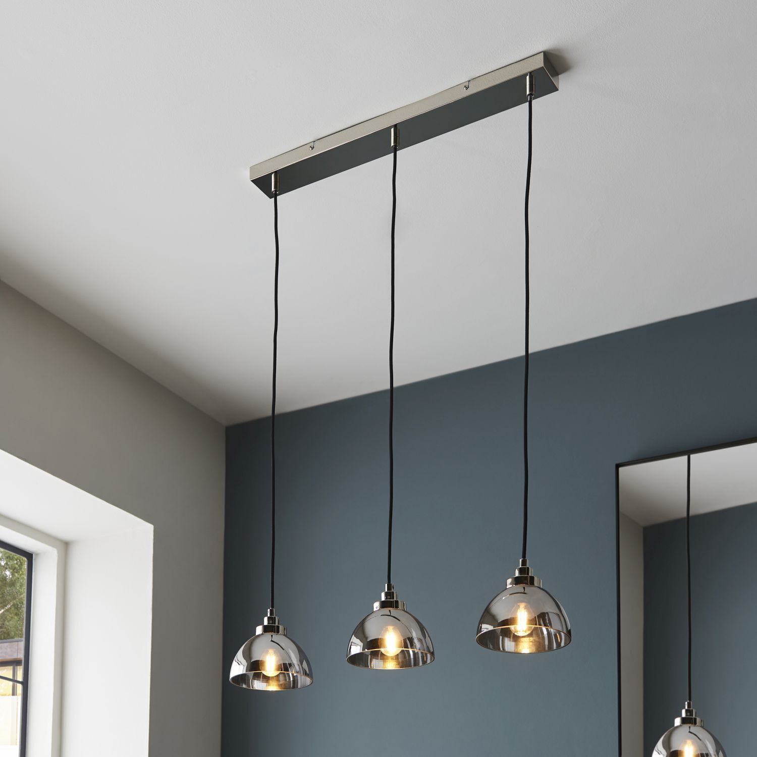 Lampe à suspendre verre métal 3 flammes en chrome rétro E27