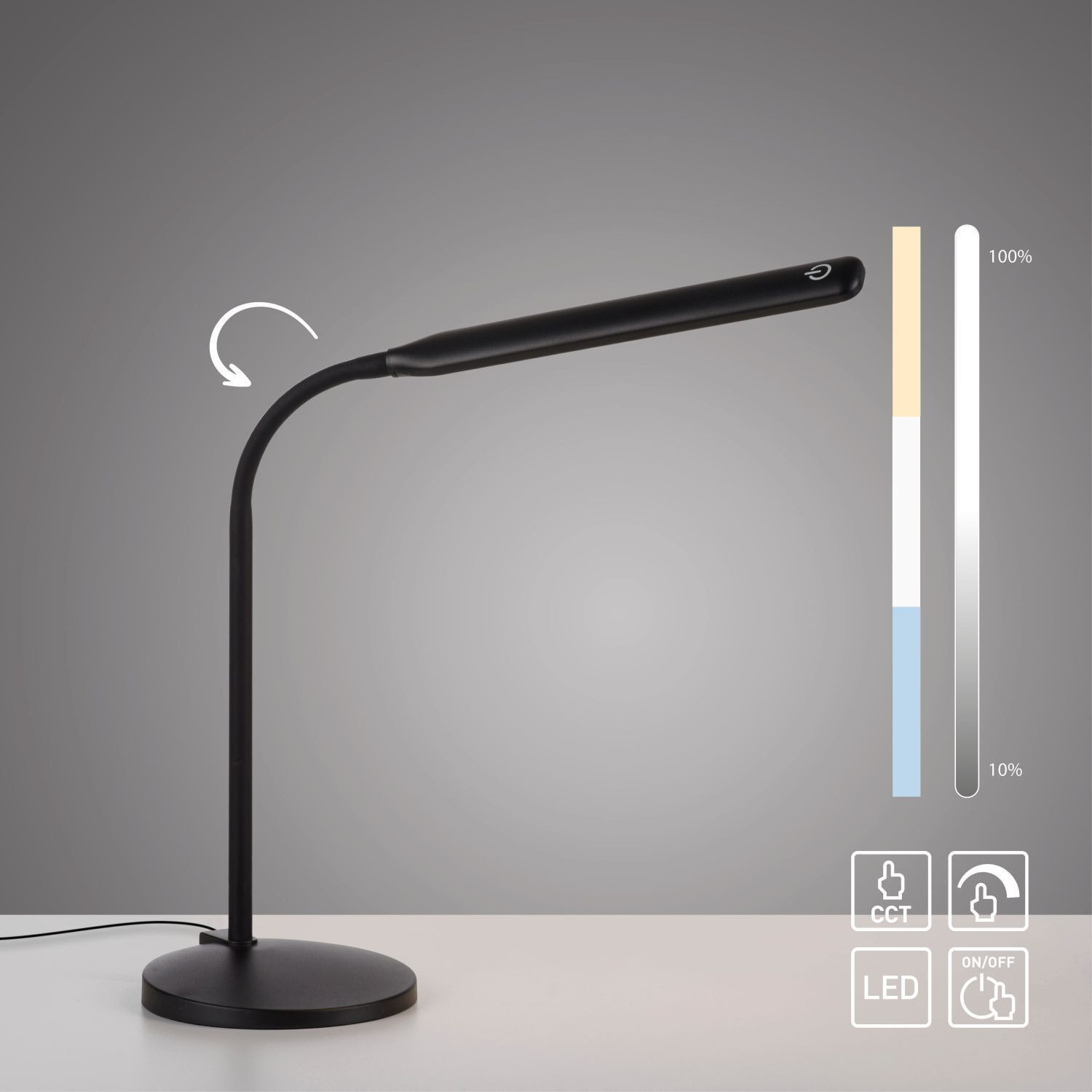 Lampe de bureau LED noire Touch 64 cm 6 W flexible