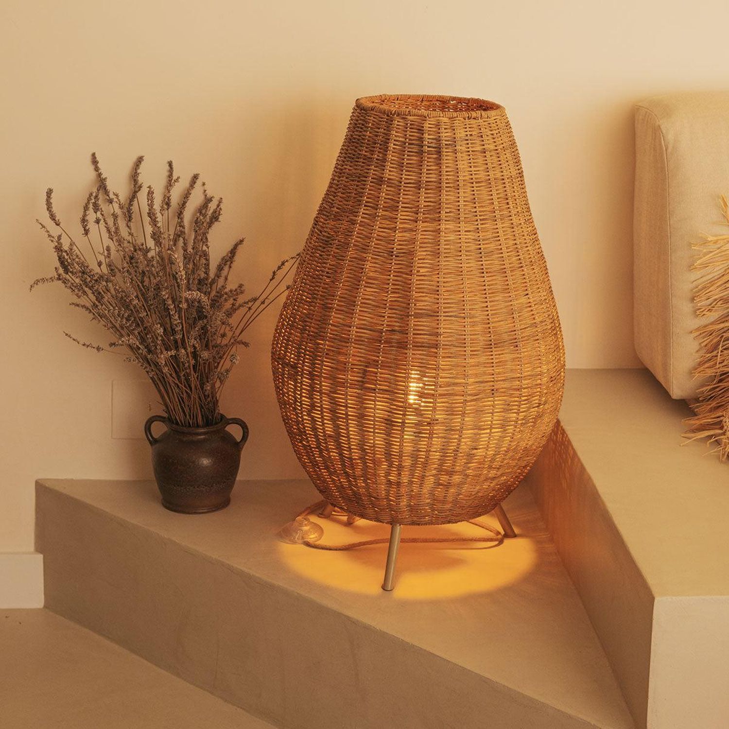 Tischleuchte Rattan 72 cm Dreibein Kabel Stecker E27 Lampe