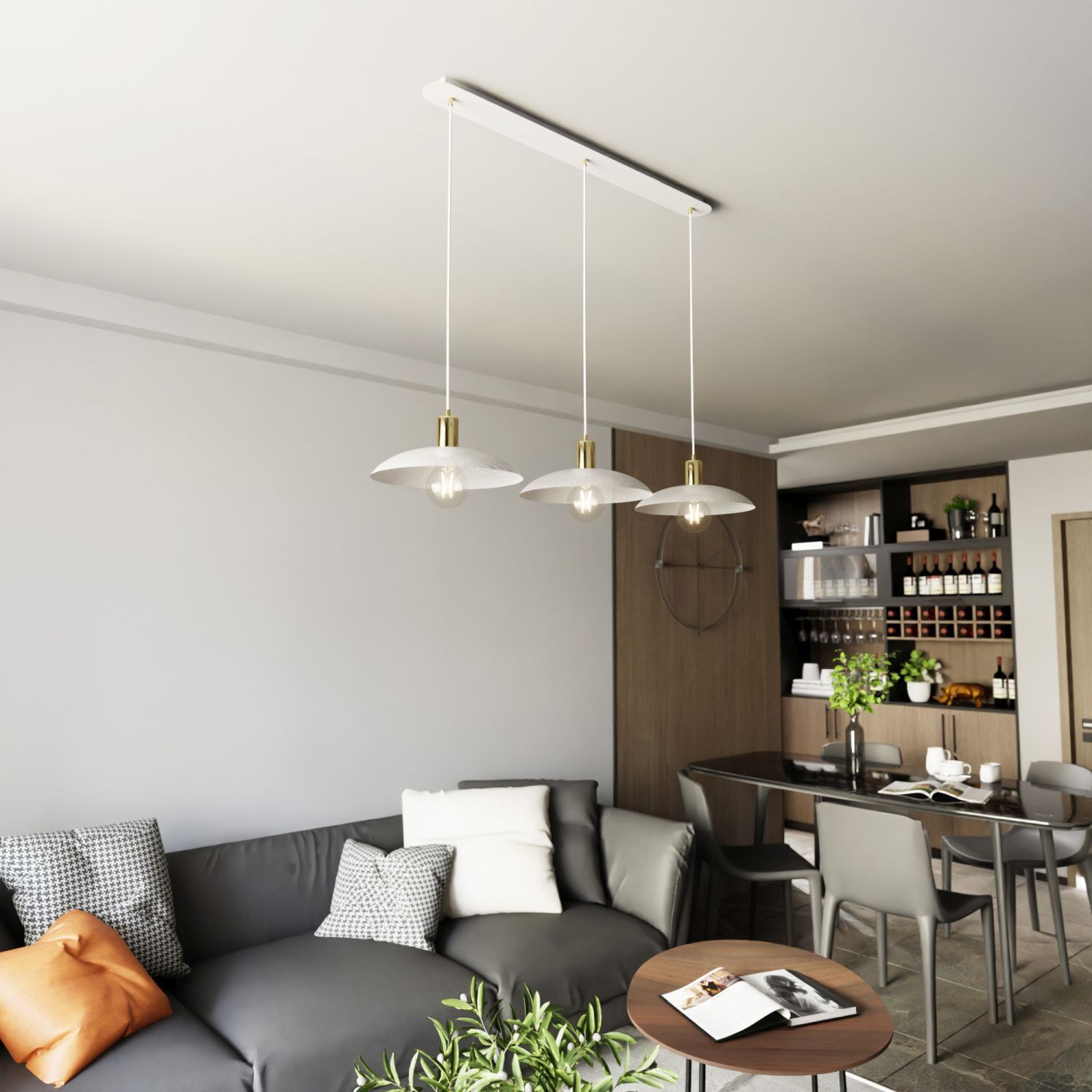 Suspension métal L : 90 cm E27 blanc or 3 flammes E27