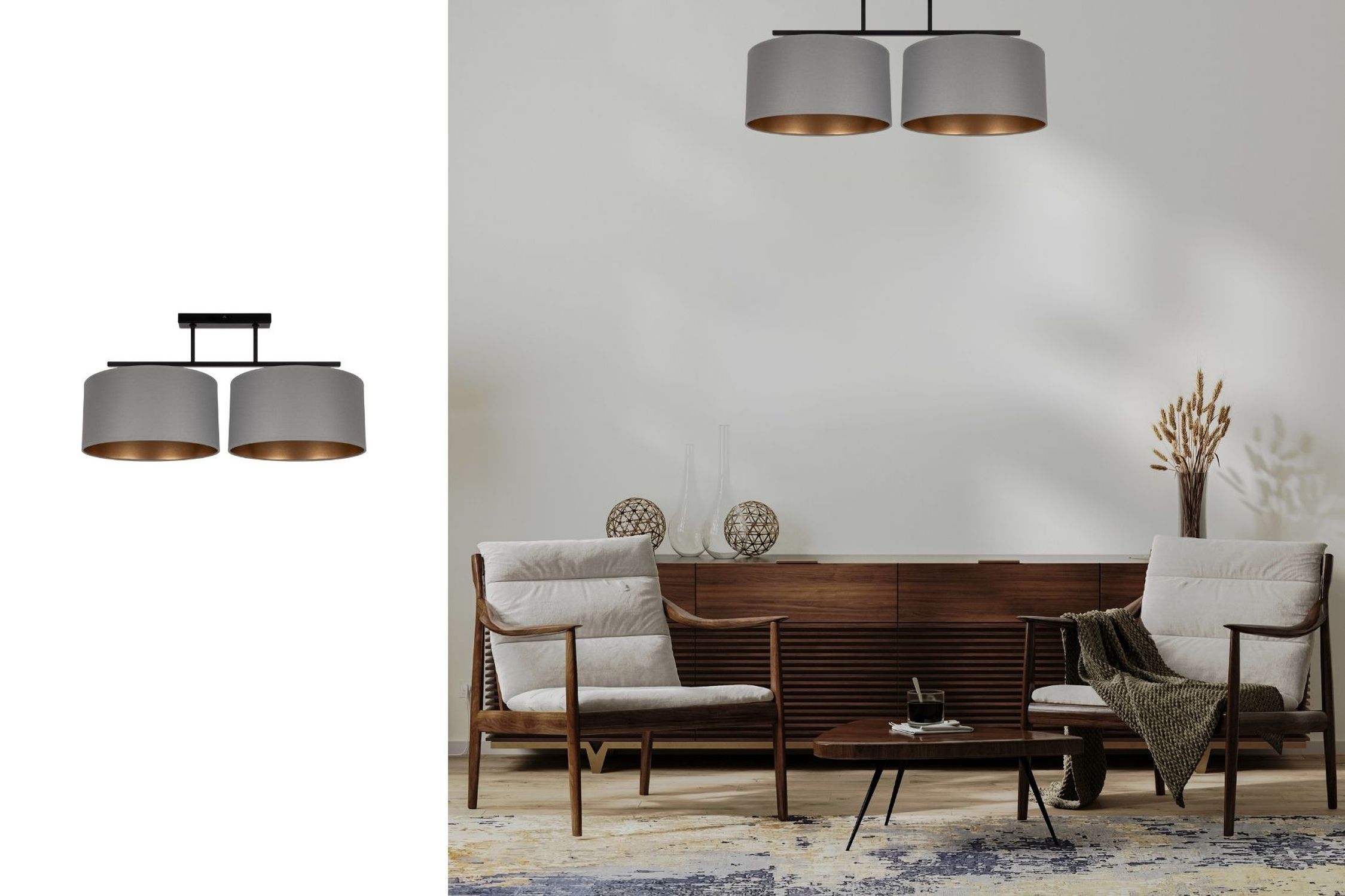 Deckenlampe Stoff blendarm Schwarz Grau Gold E27 70 cm de, Pendelleuchte, Doppel-Schirm, grau, Deckenleuchte