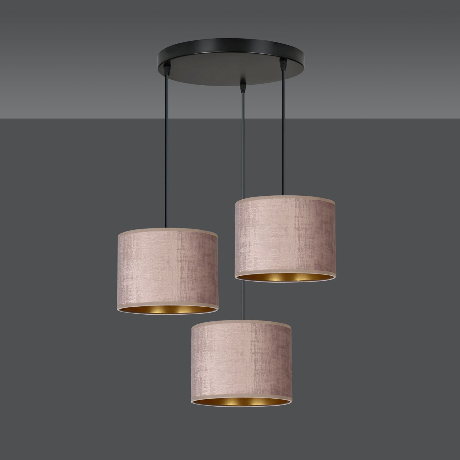 Suspension tissu métal noir rose or 3 flammes E27