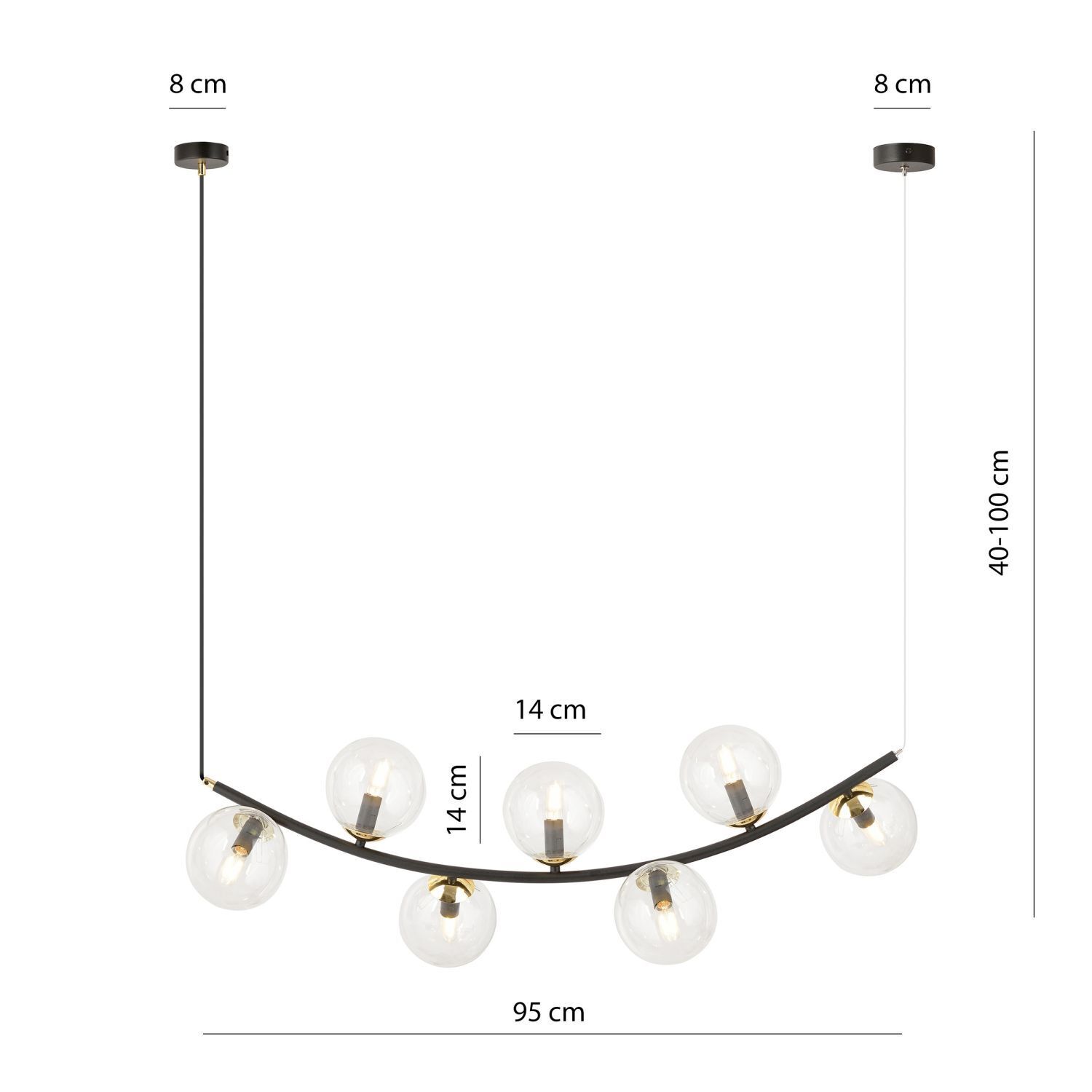 Lampe à suspendre verre métal L : 95 cm H : max. 100 cm 7x E14