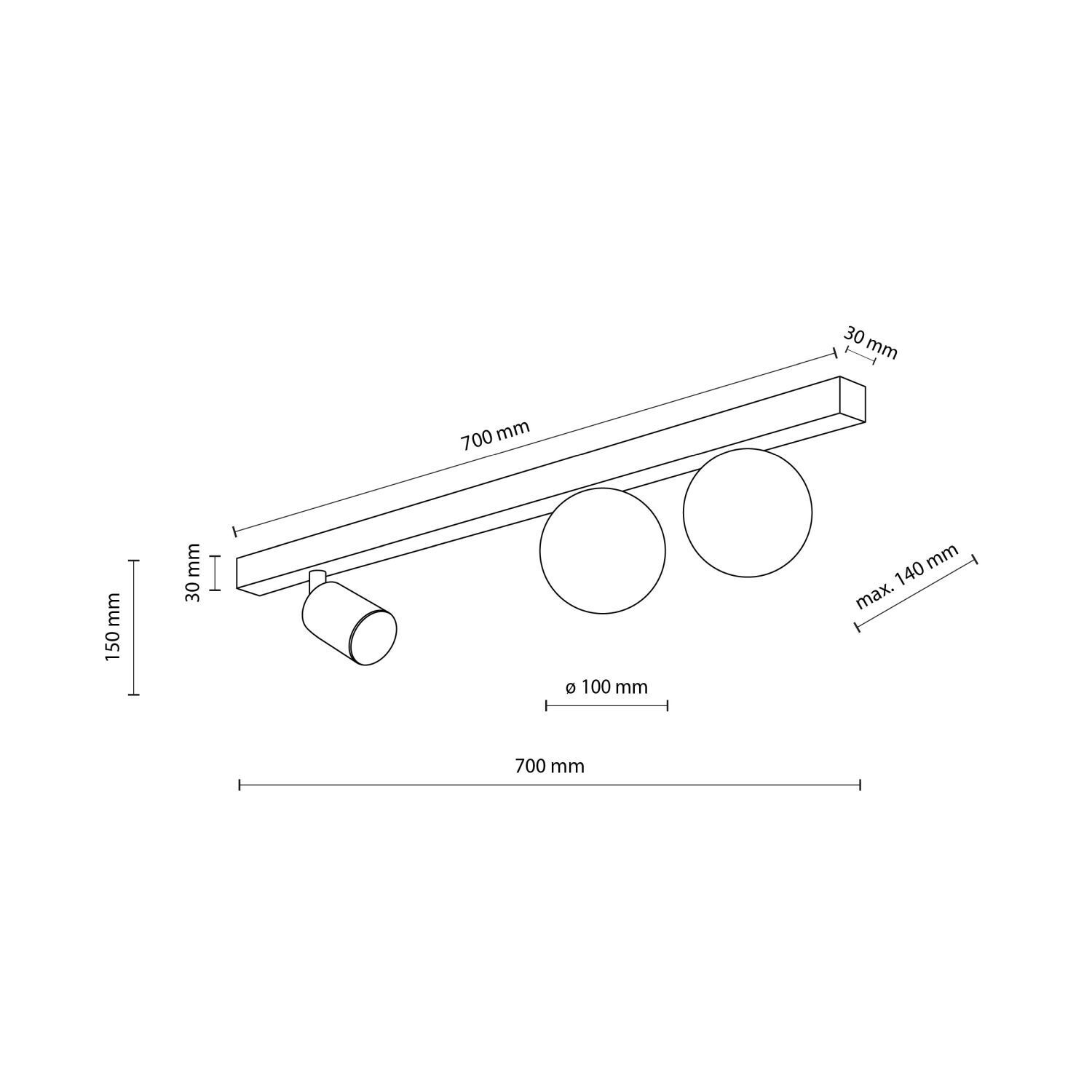 Spot de plafond métal verre 70 cm long GU10 + 2x G9