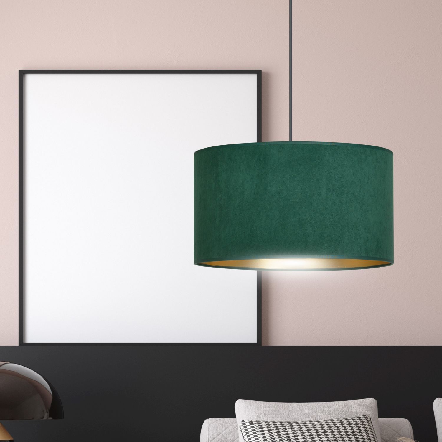 Suspension Vert Or Noir Ø 35 cm rond E27 Tissu Métal
